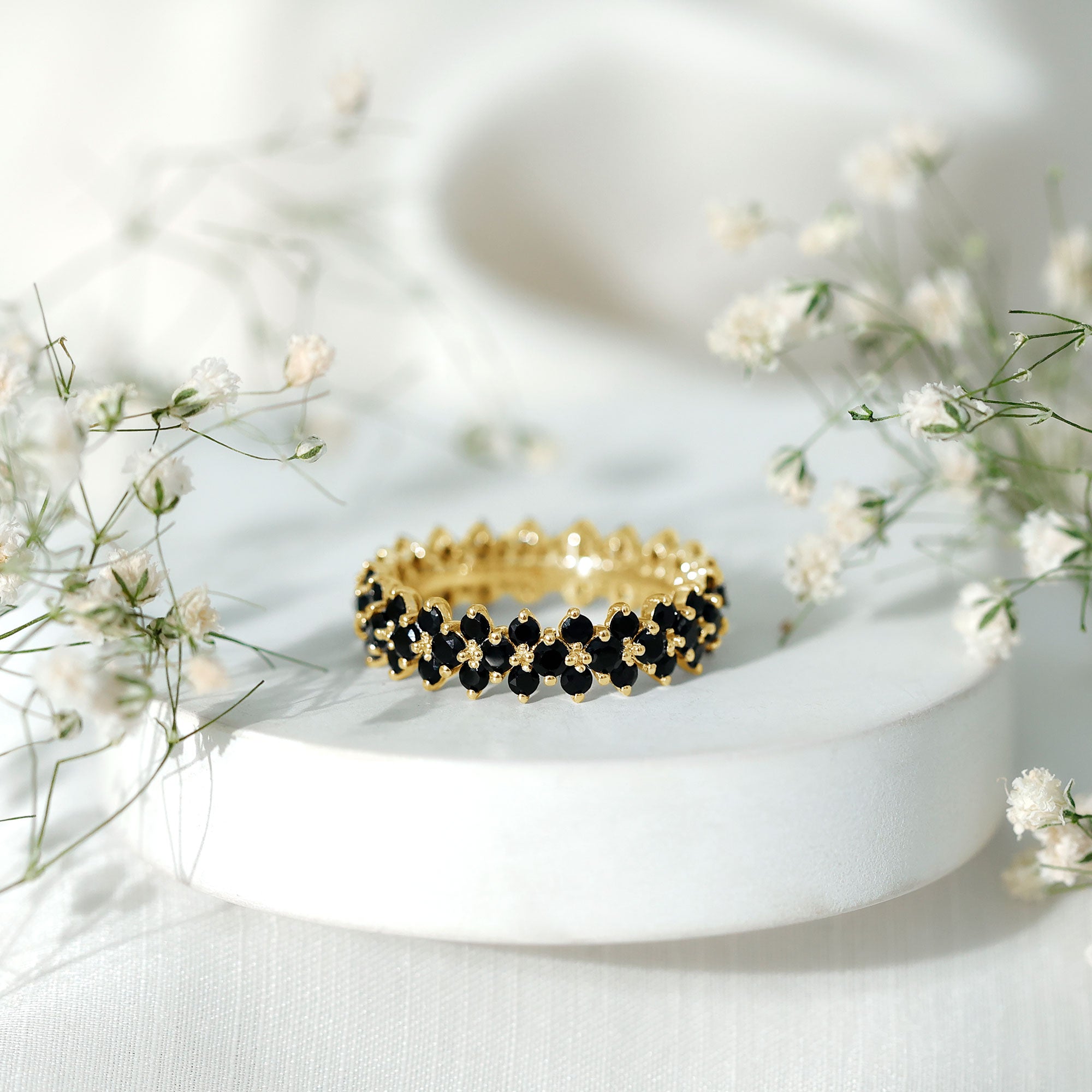 Round Cut Black Onyx Cluster Wedding Band for Women AAA - Rosec Jewels