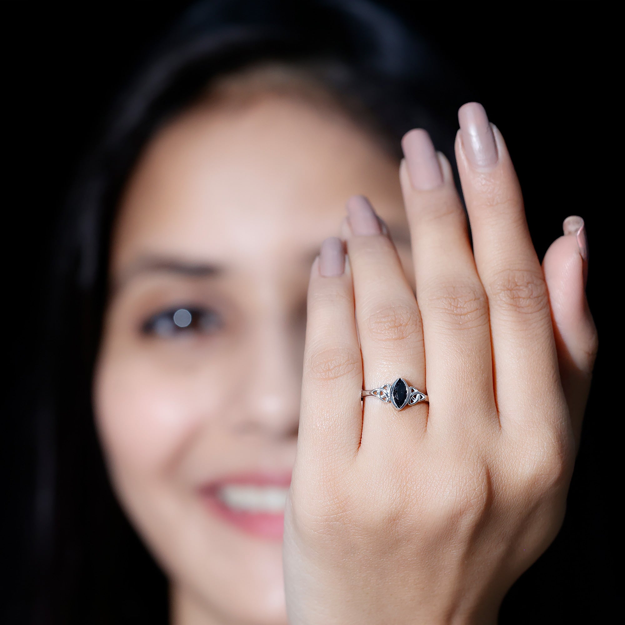 Certified 0.8 Carat Lab Grown Black Diamond Marquise Promise Ring with Celtic Knot AAAA ( Synthetic ) - Rosec Jewels