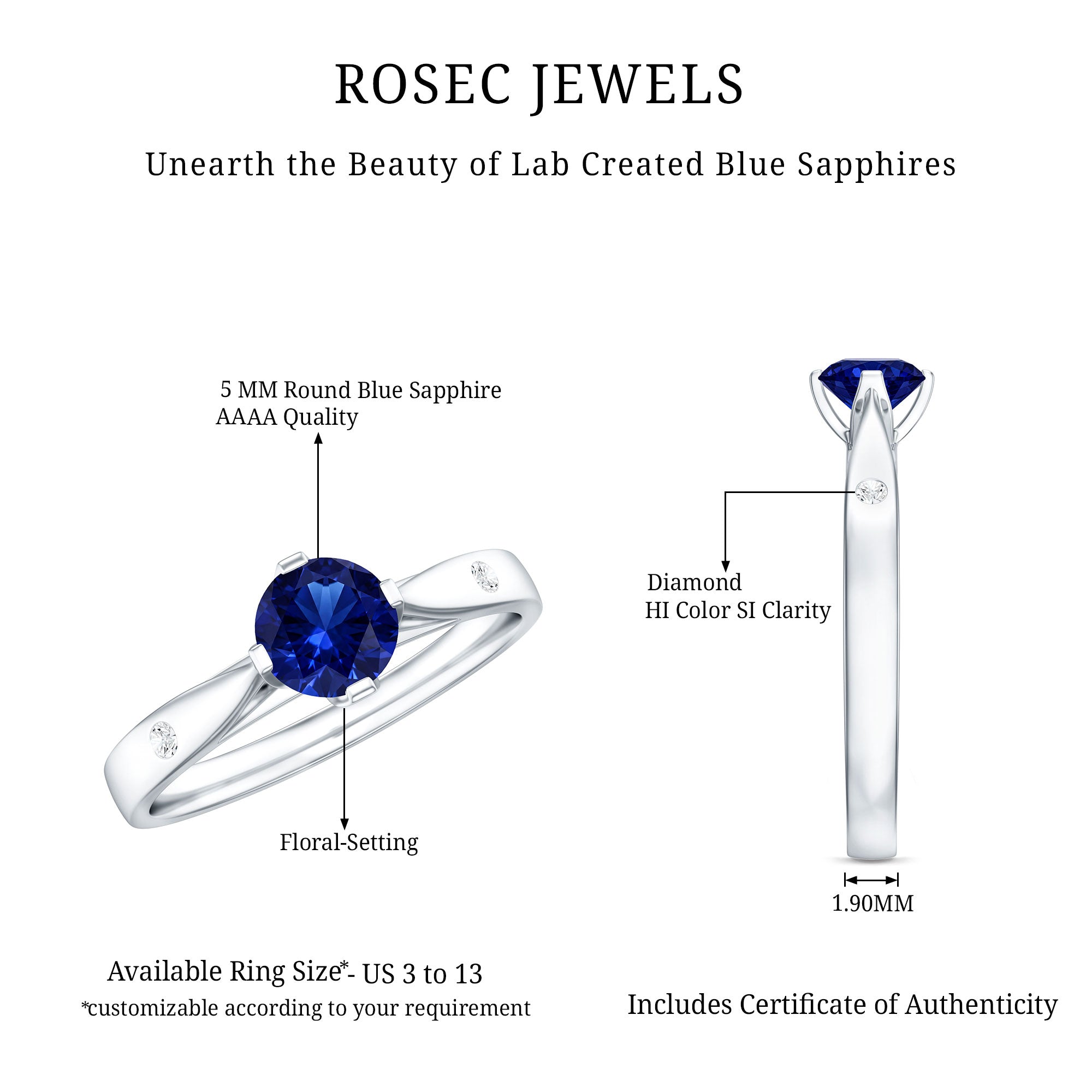 Certified 0.6 Carat Lab Grown Blue Sapphire Promise Ring with Diamond AAAA - Rosec Jewels