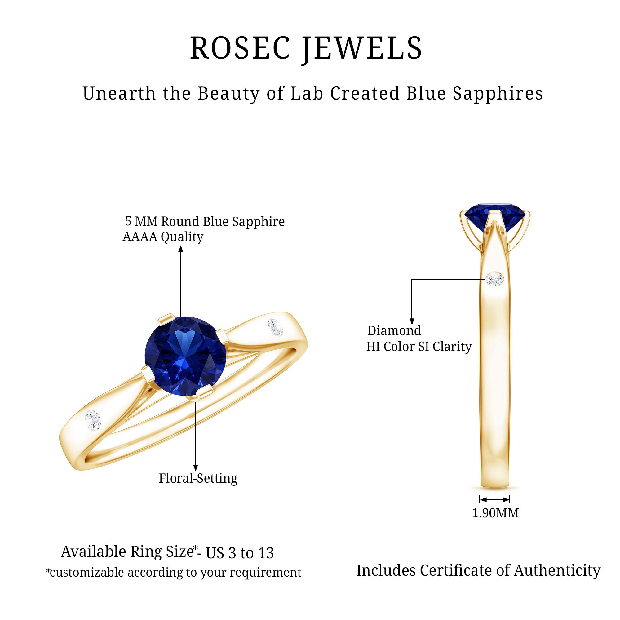 Certified 0.6 Carat Lab Grown Blue Sapphire Promise Ring with Diamond AAAA - Rosec Jewels