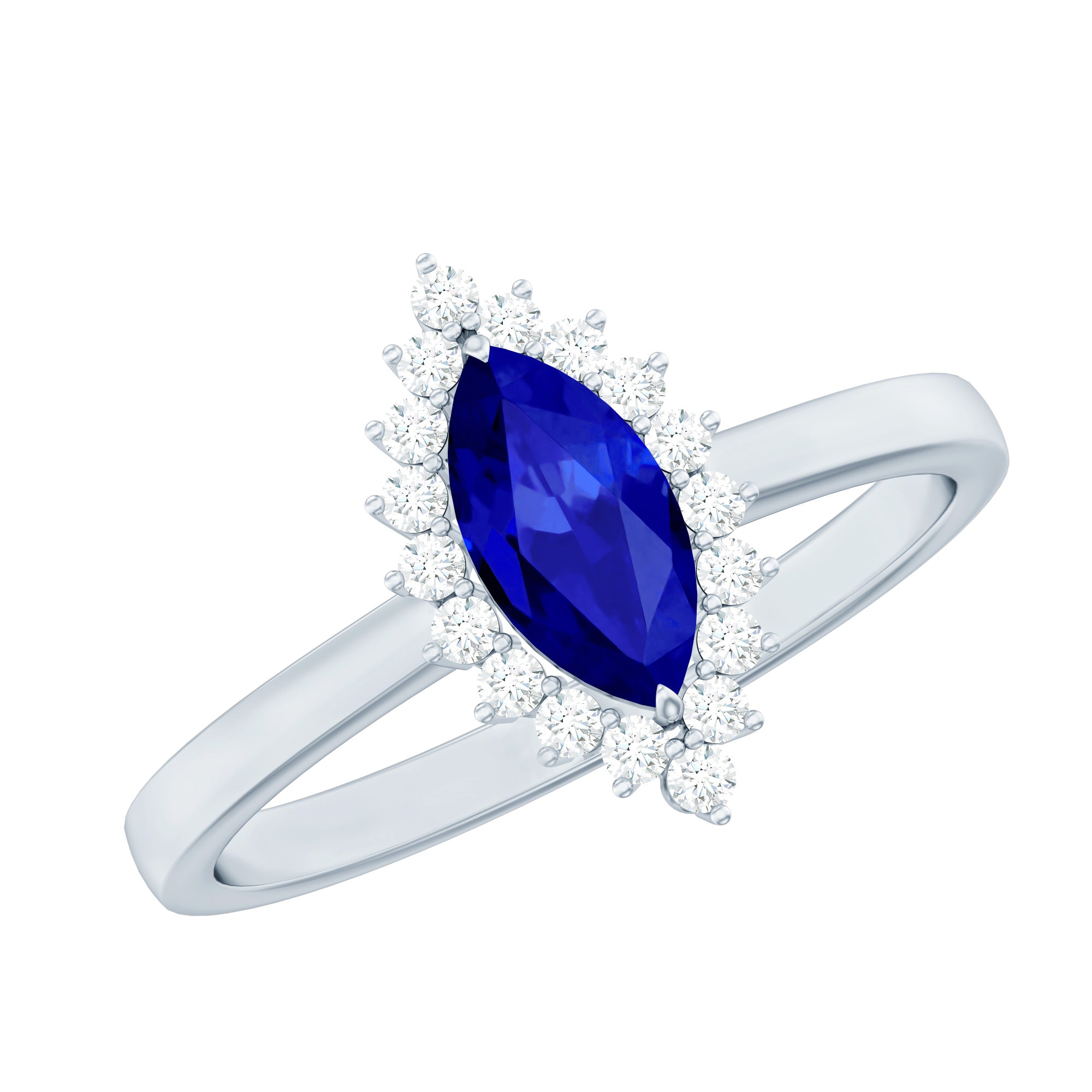 Marquise Cut Lab Grown Blue Sapphire and Diamond Halo Engagement Ring