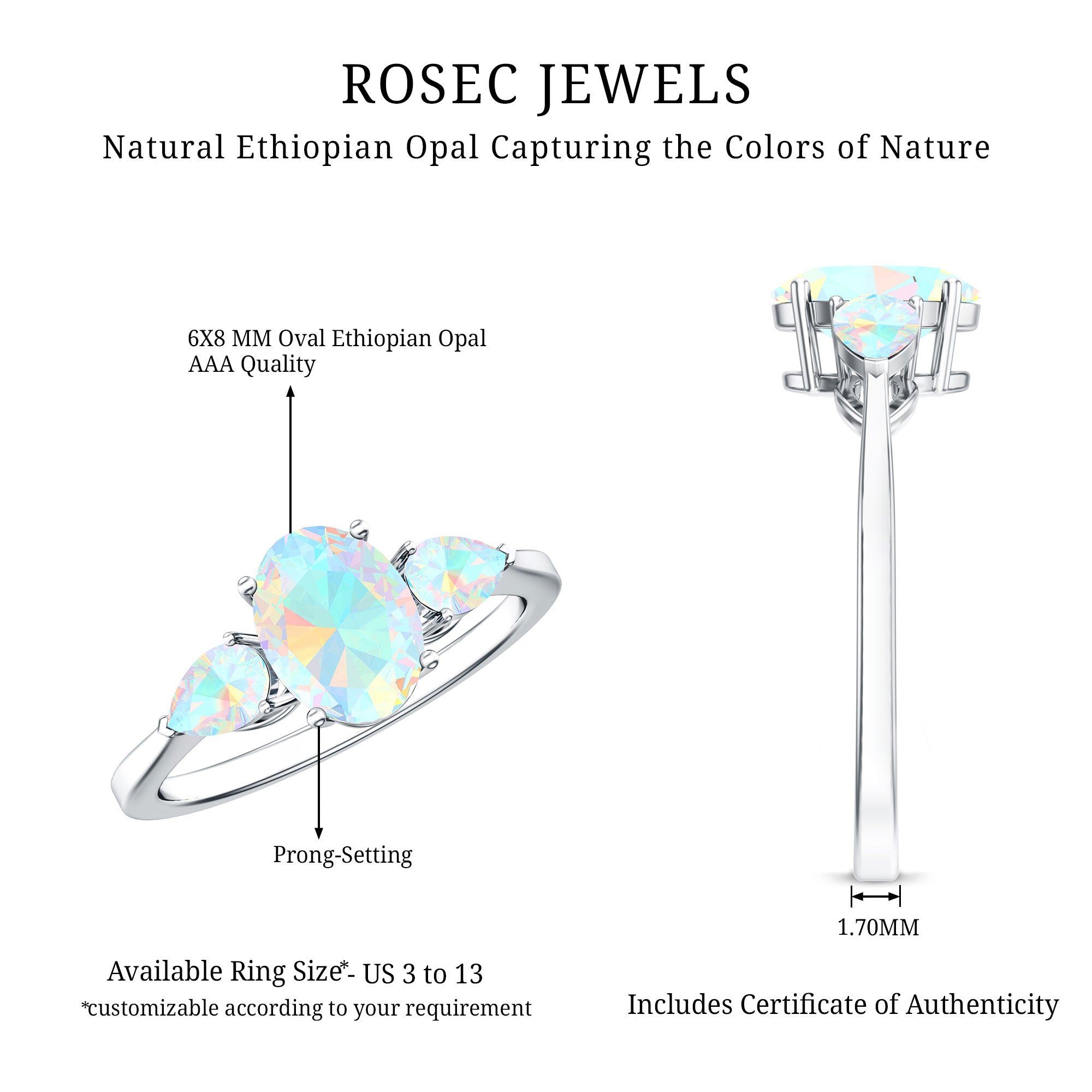 Natural Ethiopian Opal 3 Stone Engagement Ring With Certificate AAA - Rosec Jewels