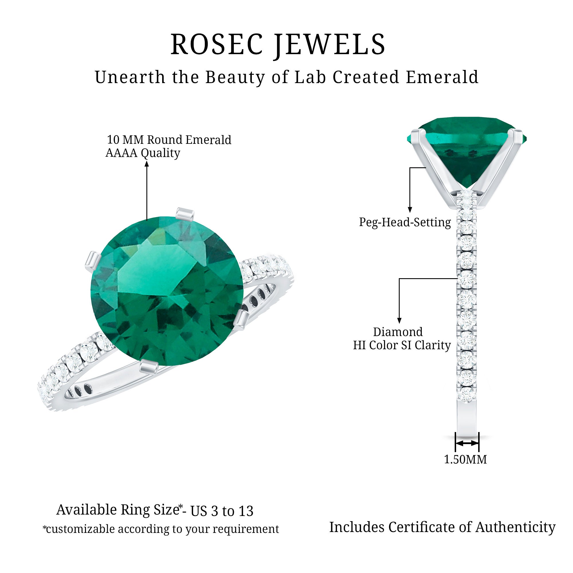 Certified 10 mm Lab Grown Emerald Huge Engagement Ring with Diamond AAAA - Rosec Jewels