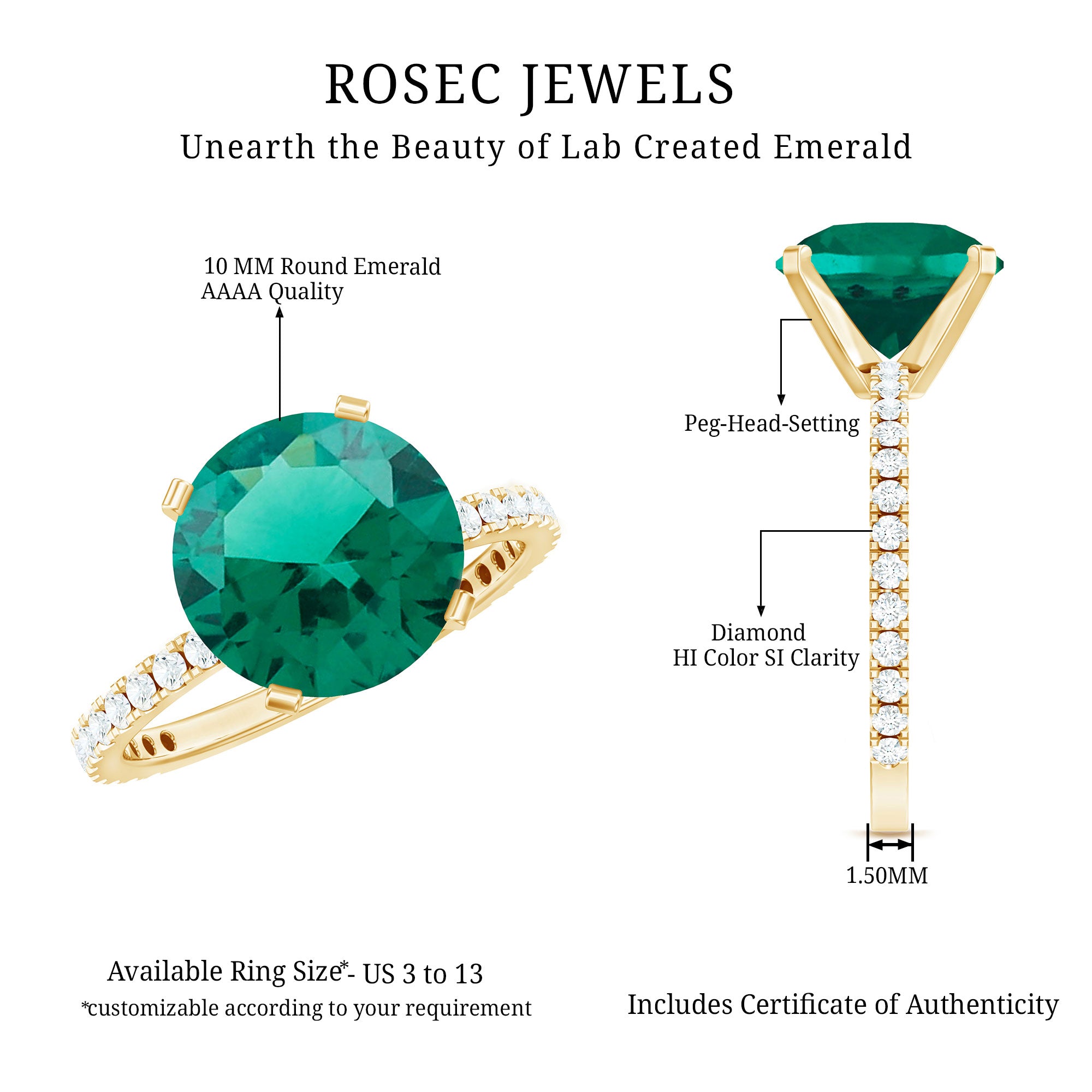 Certified 10 mm Lab Grown Emerald Huge Engagement Ring with Diamond AAAA - Rosec Jewels