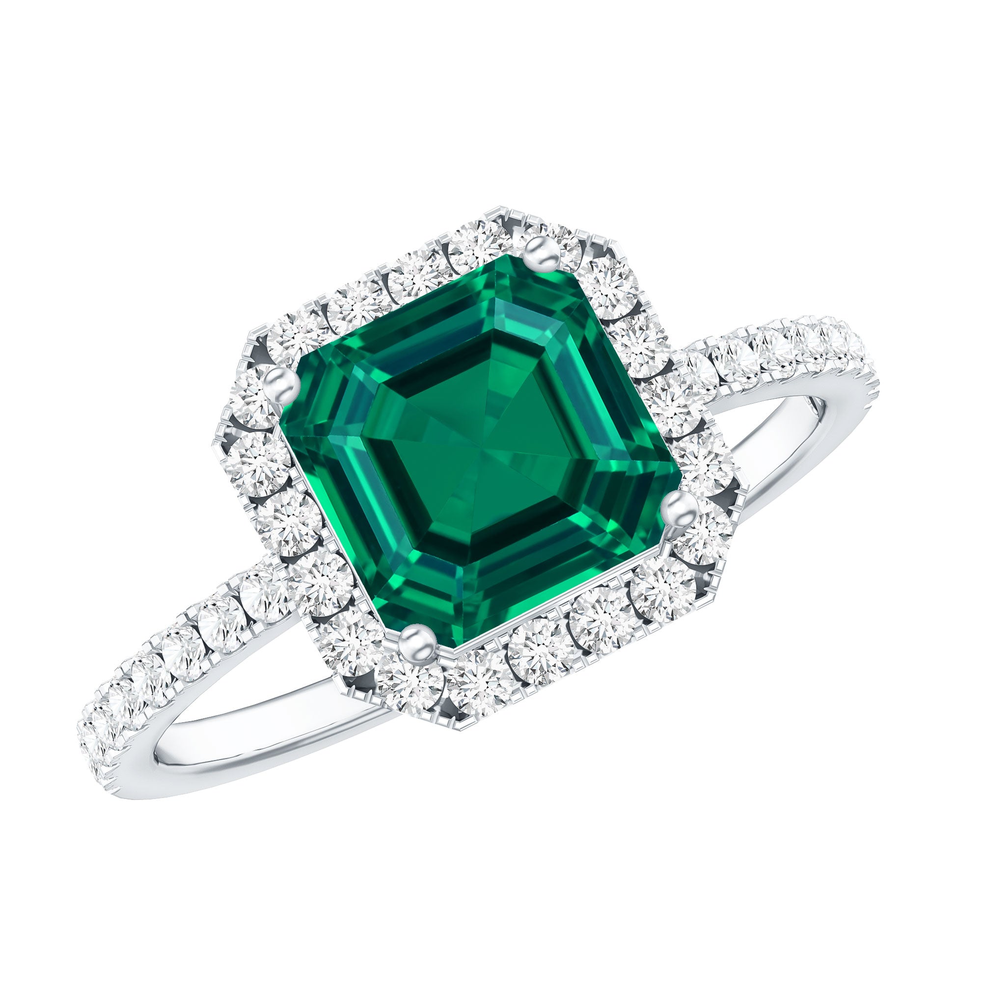 AAAA Quality Lab Created Emerald Asscher Cut Engagement Ring with Diamond AAAA - Rosec Jewels