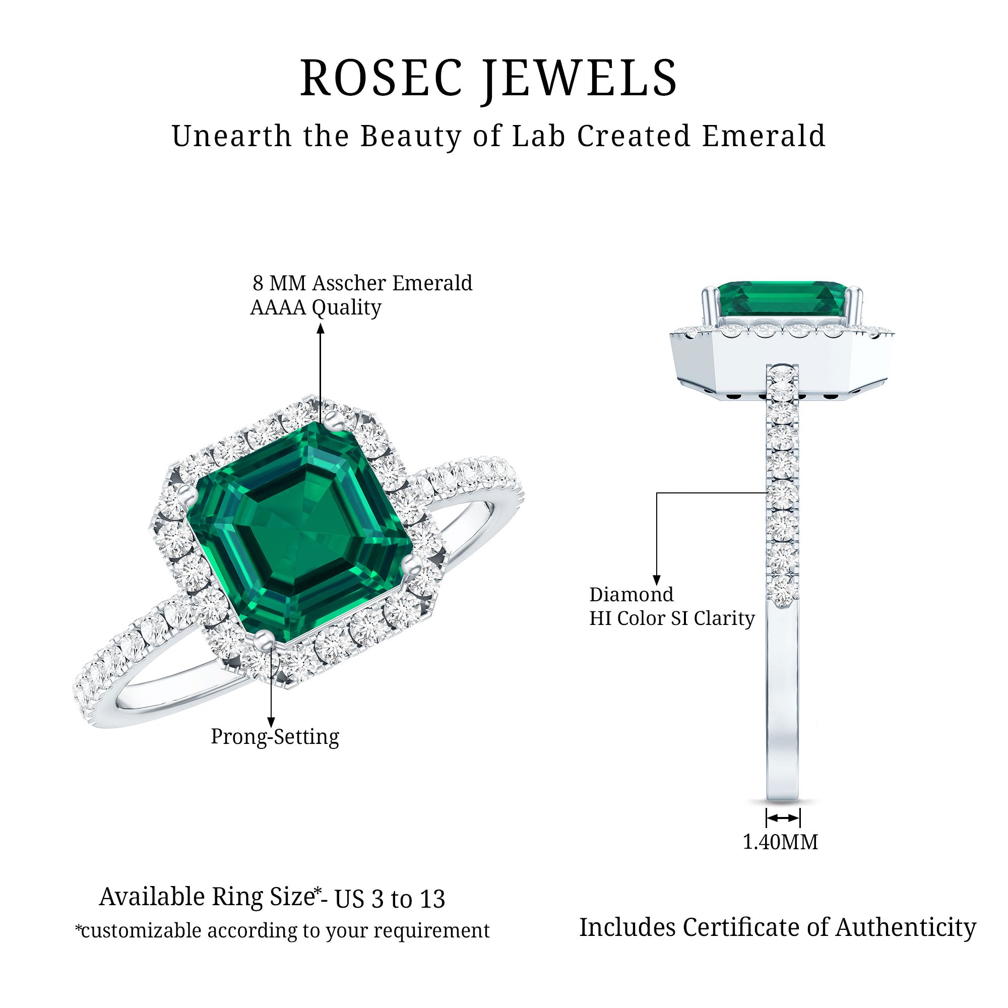 AAAA Quality Lab Created Emerald Asscher Cut Engagement Ring with Diamond AAAA - Rosec Jewels