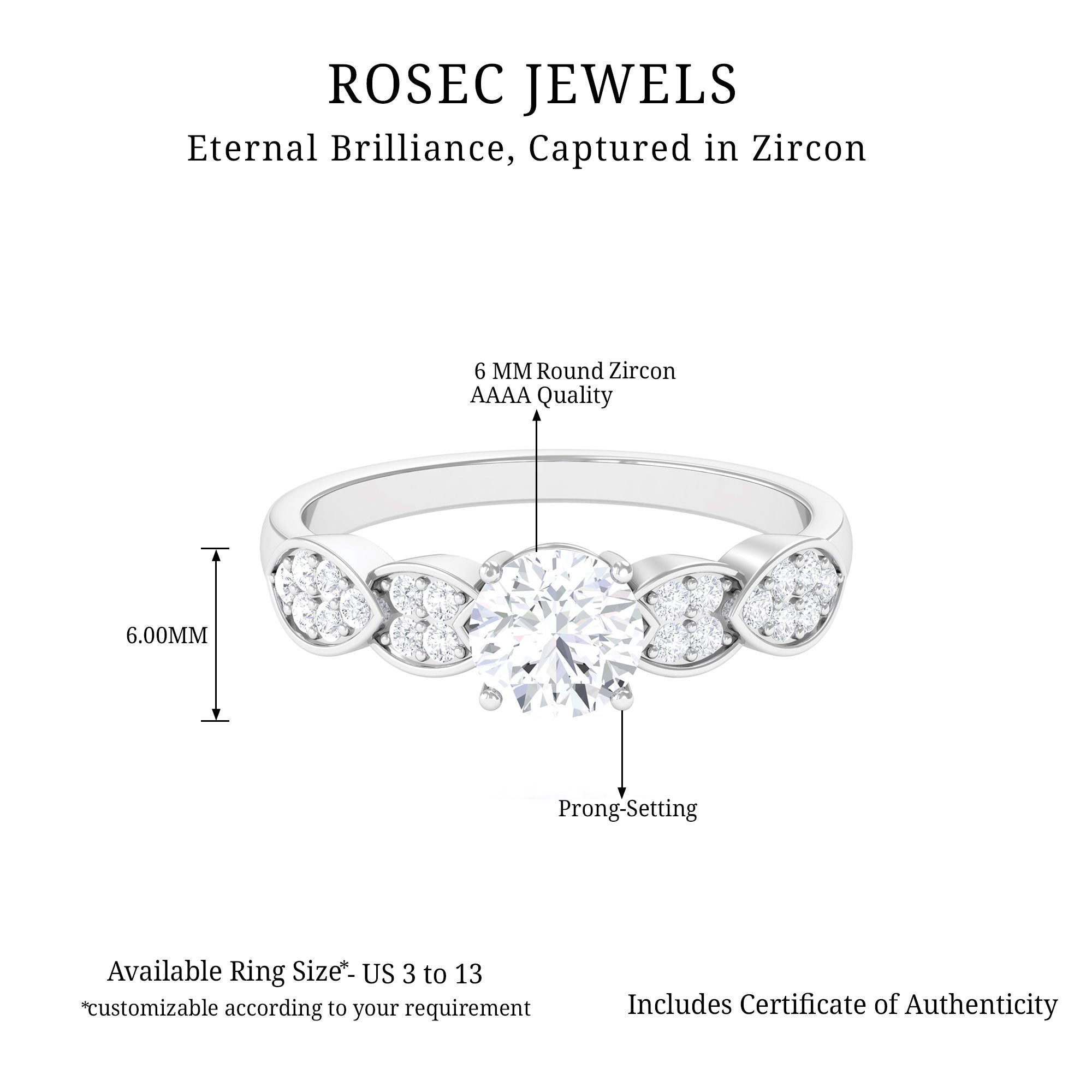Classic Round Zirconia Engagement Ring with Side Stones AAAA - Rosec Jewels