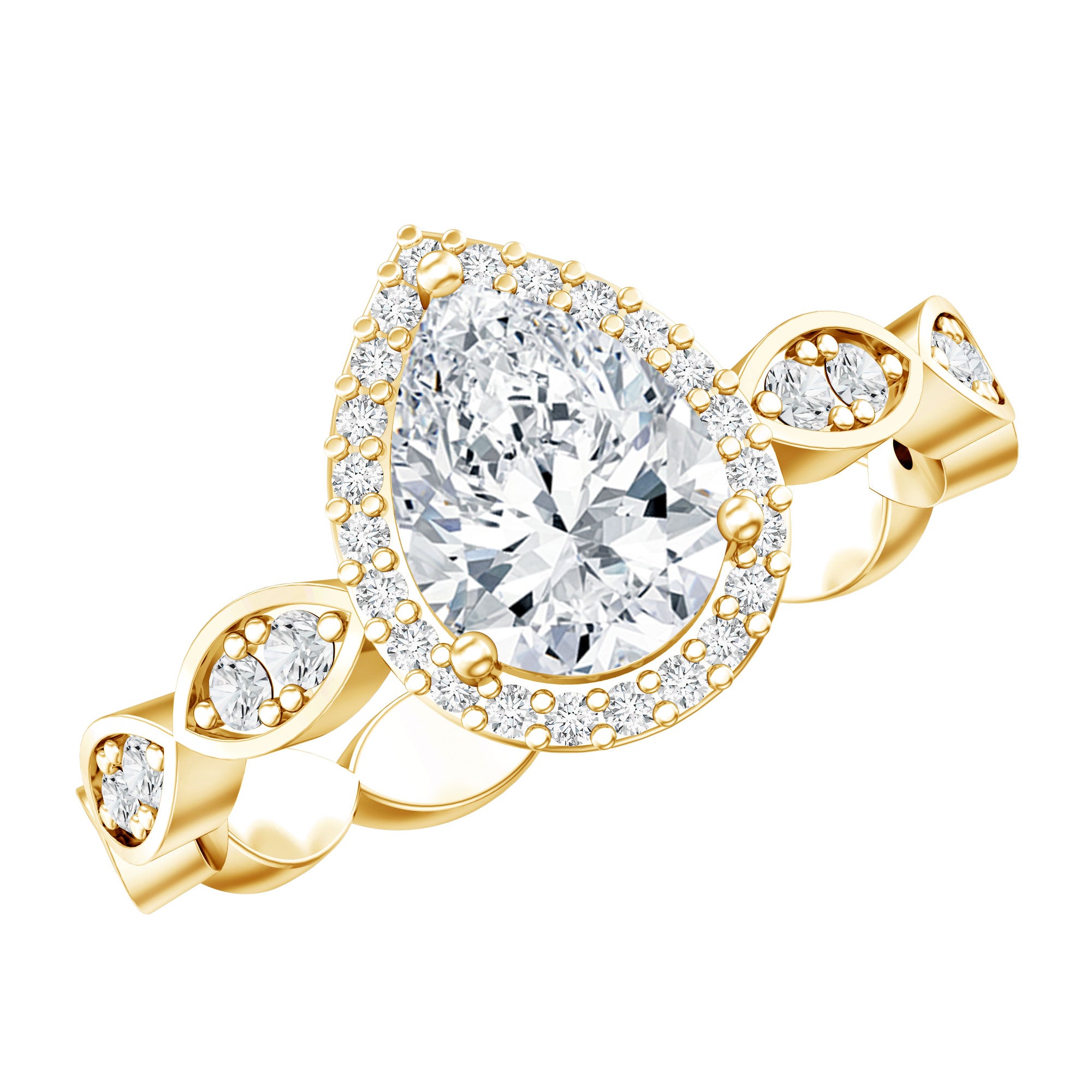Cubic Zirconia Pear Halo Engagement Ring with Side Stones AAAA - Rosec Jewels