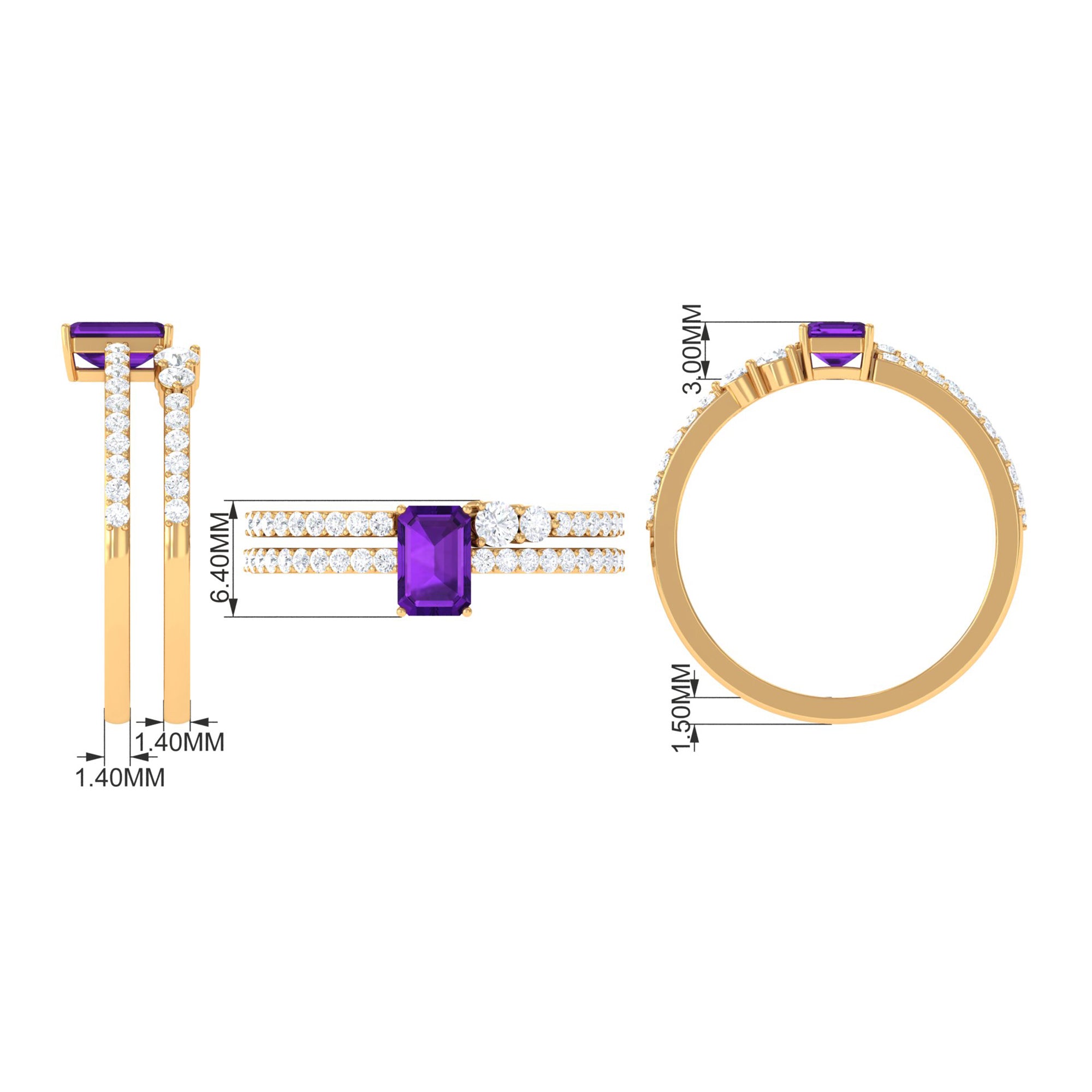 Natural 1.4 Carat Emerald Cut Amethyst Diamond Wedding Bridal Ring Set AAA - Rosec Jewels