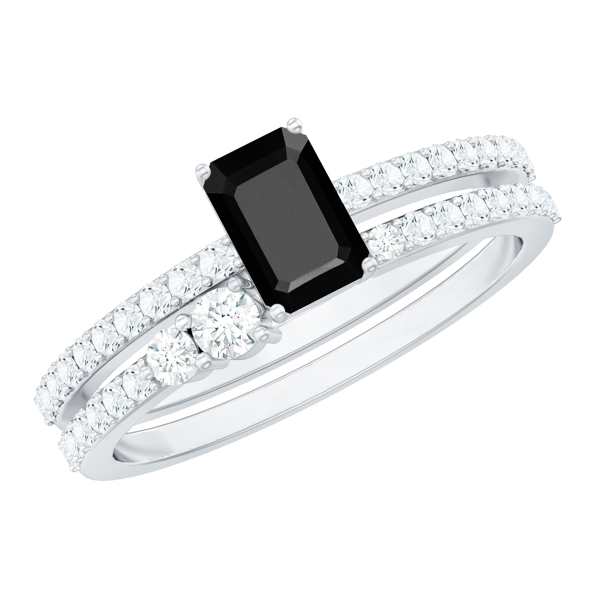 Emerald Cut Black Onyx and Diamond Bridal Ring Set AAA - Rosec Jewels