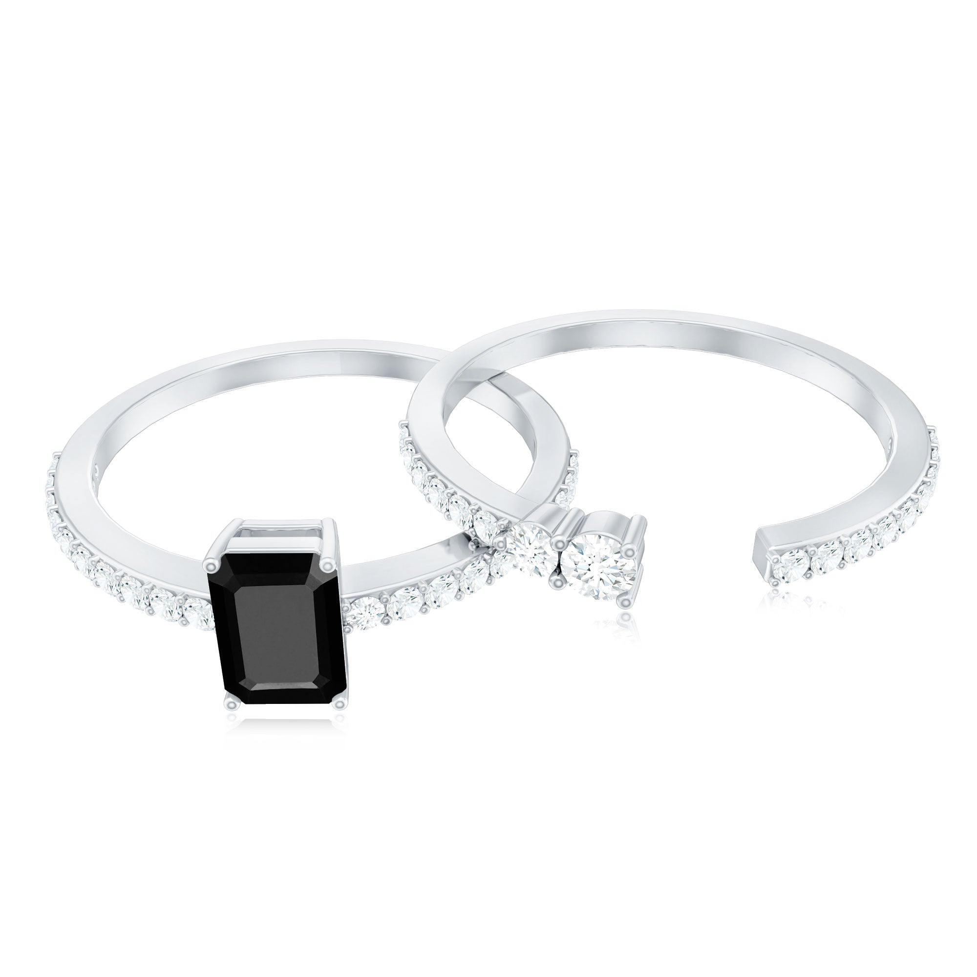 Emerald Cut Black Onyx and Diamond Bridal Ring Set AAA - Rosec Jewels