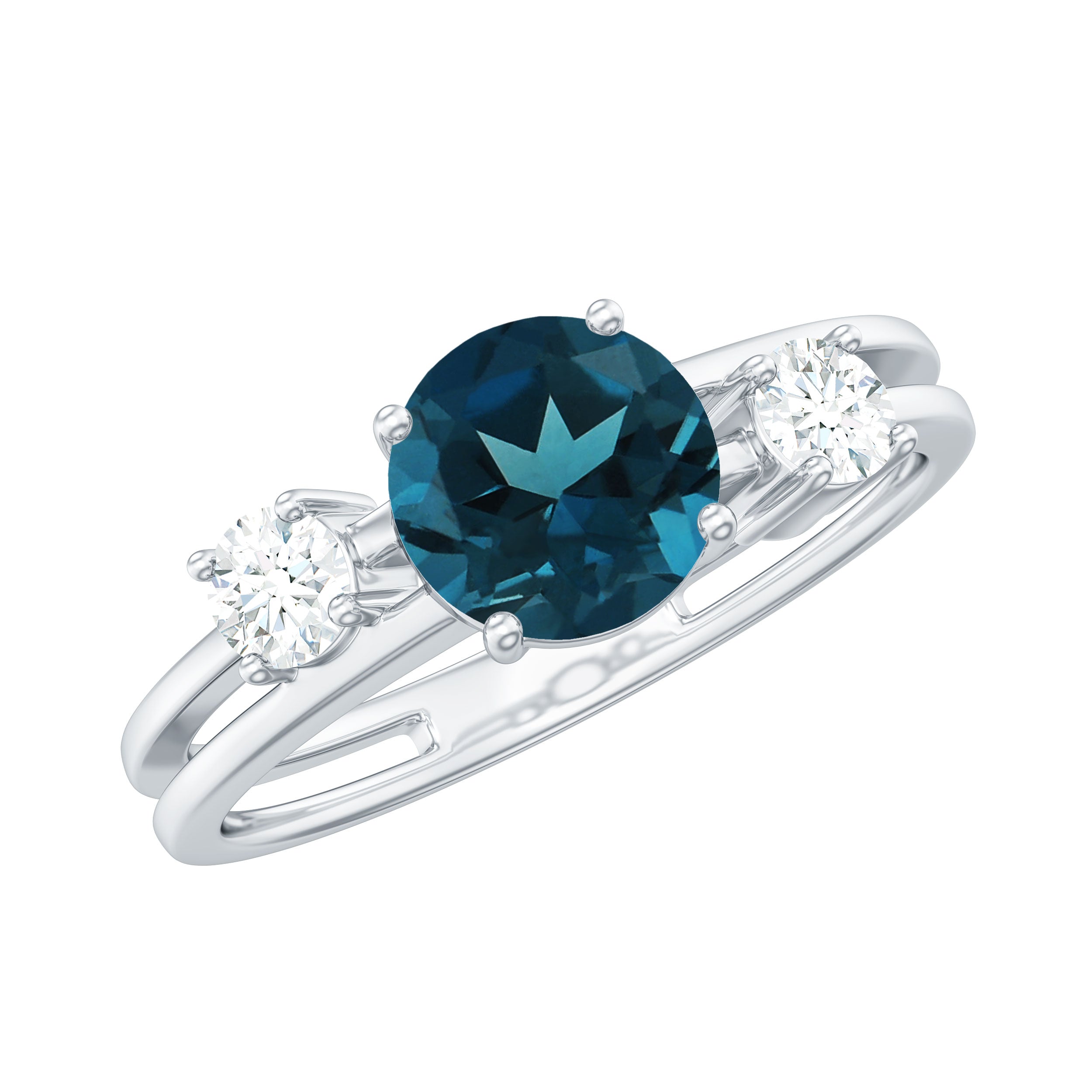 7mm Round London Blue Topaz Double Band Engagement Ring with Diamond