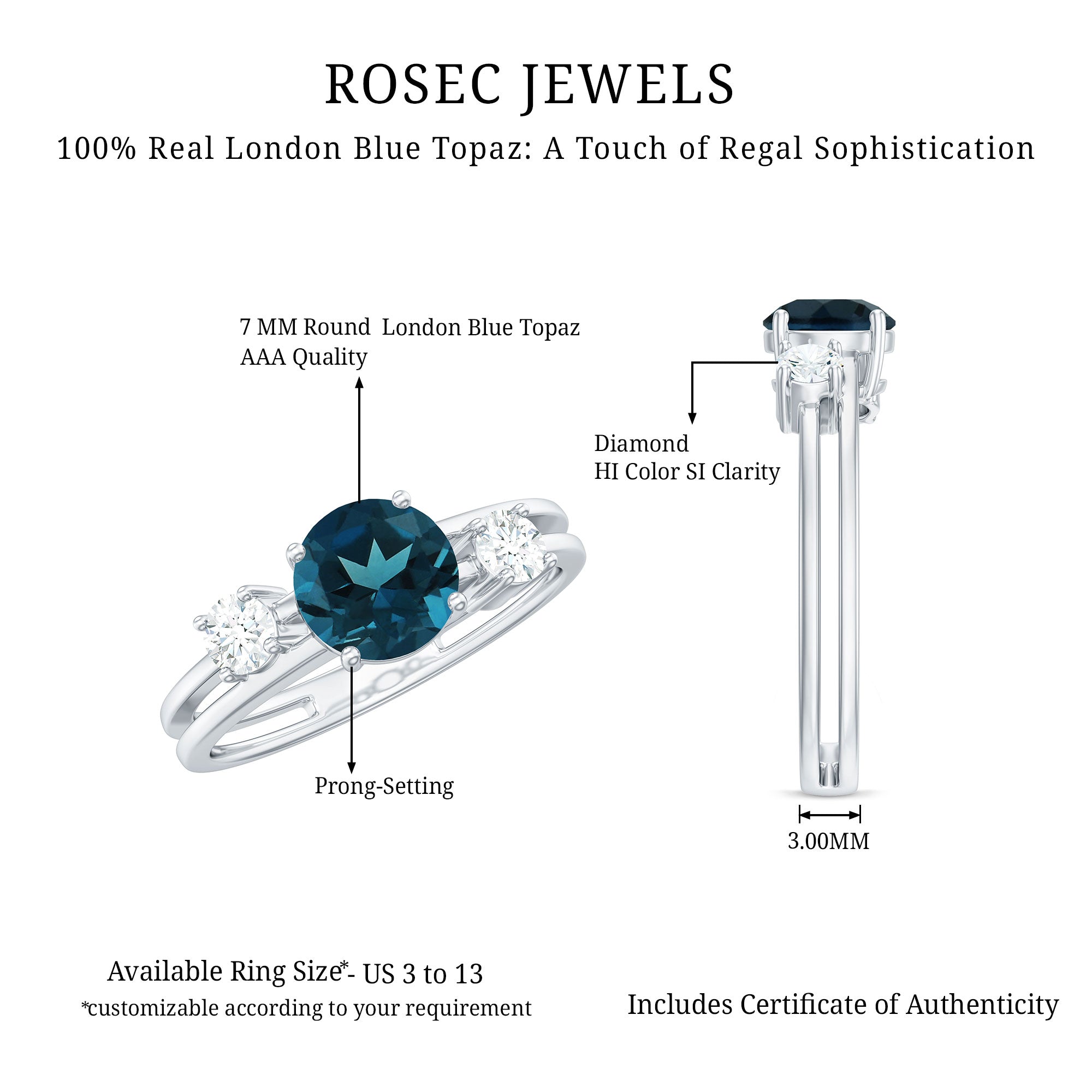 7mm Round London Blue Topaz Double Band Engagement Ring with Diamond AAA - Rosec Jewels
