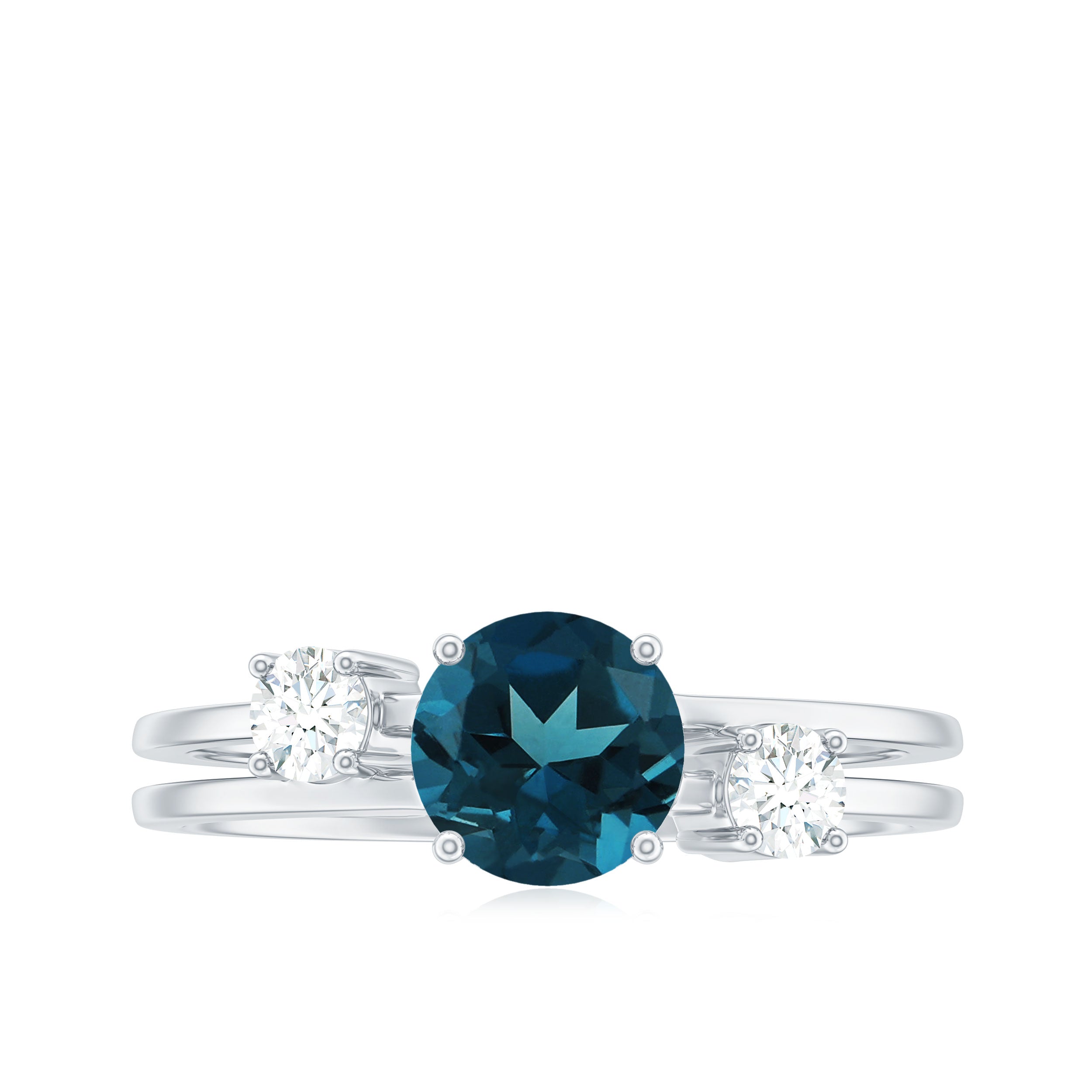7mm Round London Blue Topaz Double Band Engagement Ring with Diamond AAA - Rosec Jewels