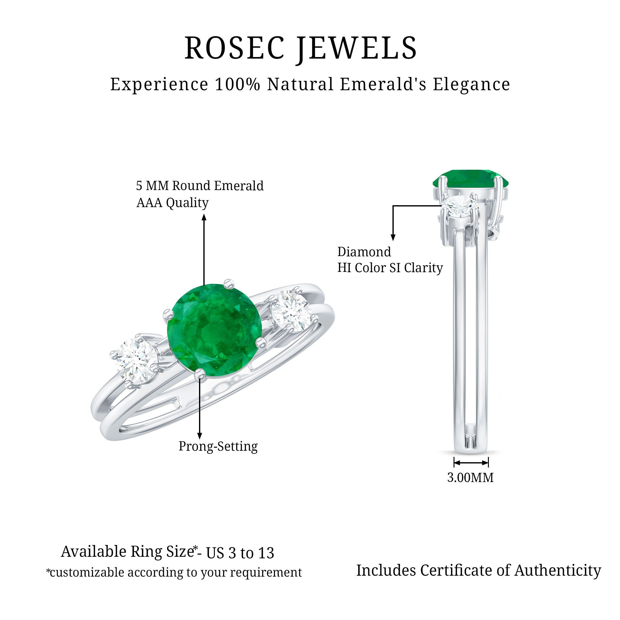 Natural Emerald Diamond Three Stone Engagement Ring AAA - Rosec Jewels