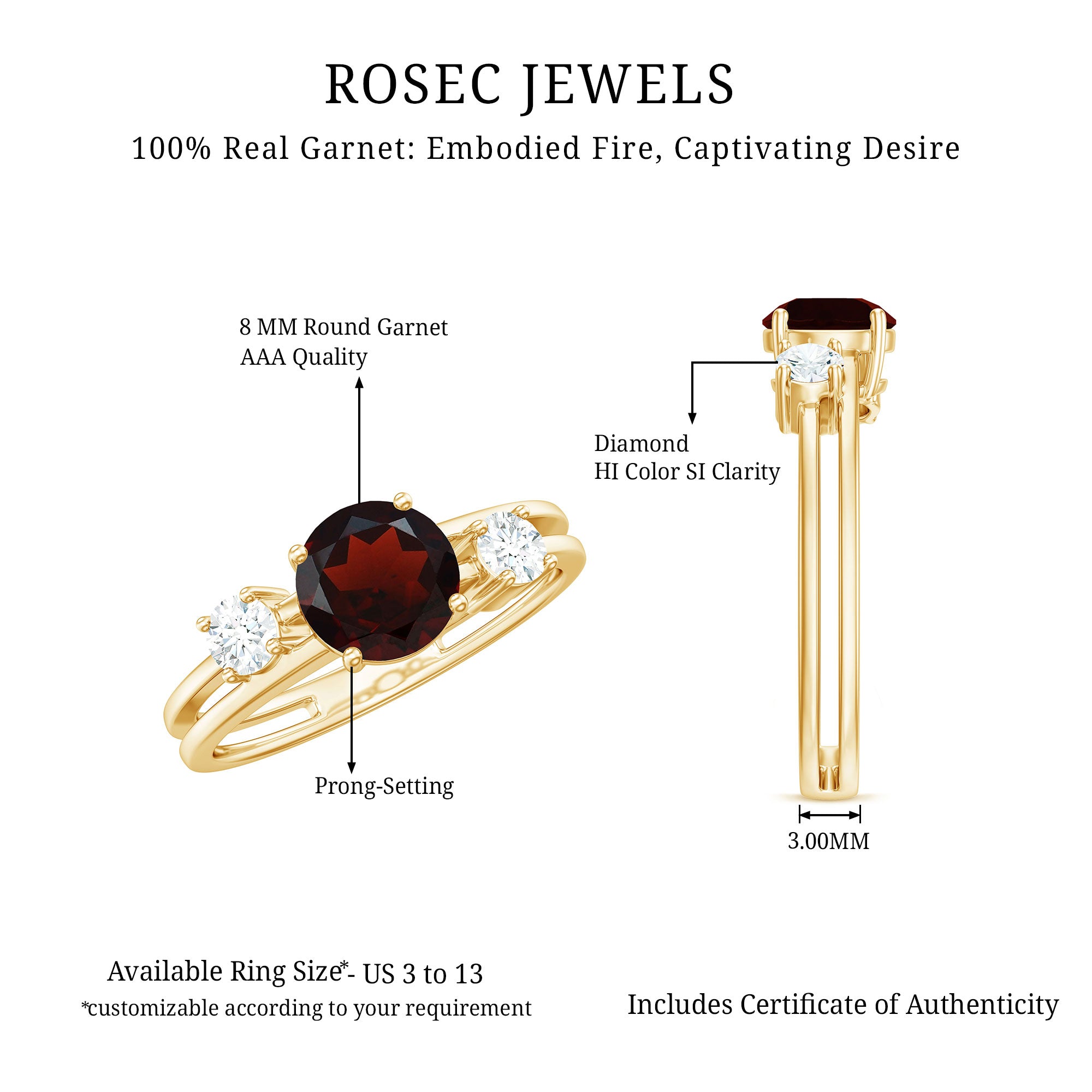 Genuine 8mm Garnet Diamond Double Band Engagement Ring AAA - Rosec Jewels