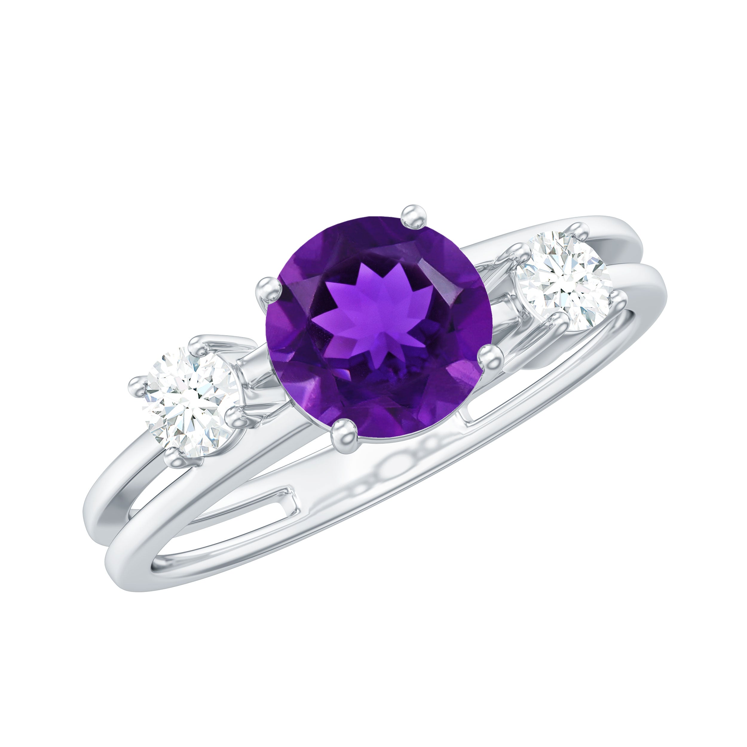 Natural 1.2 Carat Amethyst Double Band Engagement Ring with Diamond AAA - Rosec Jewels