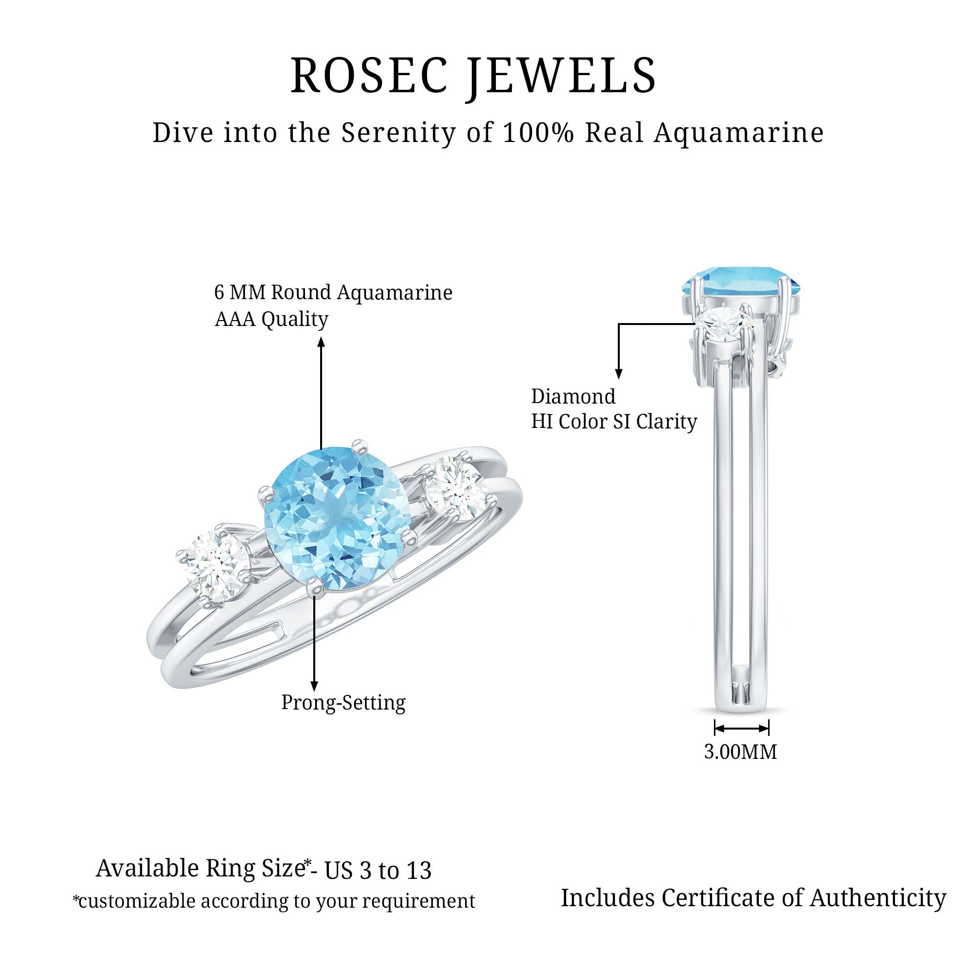 0.8 Carat Aquamarine and Diamond 3 Stone Engagement Ring with Double Band Shank AAA - Rosec Jewels