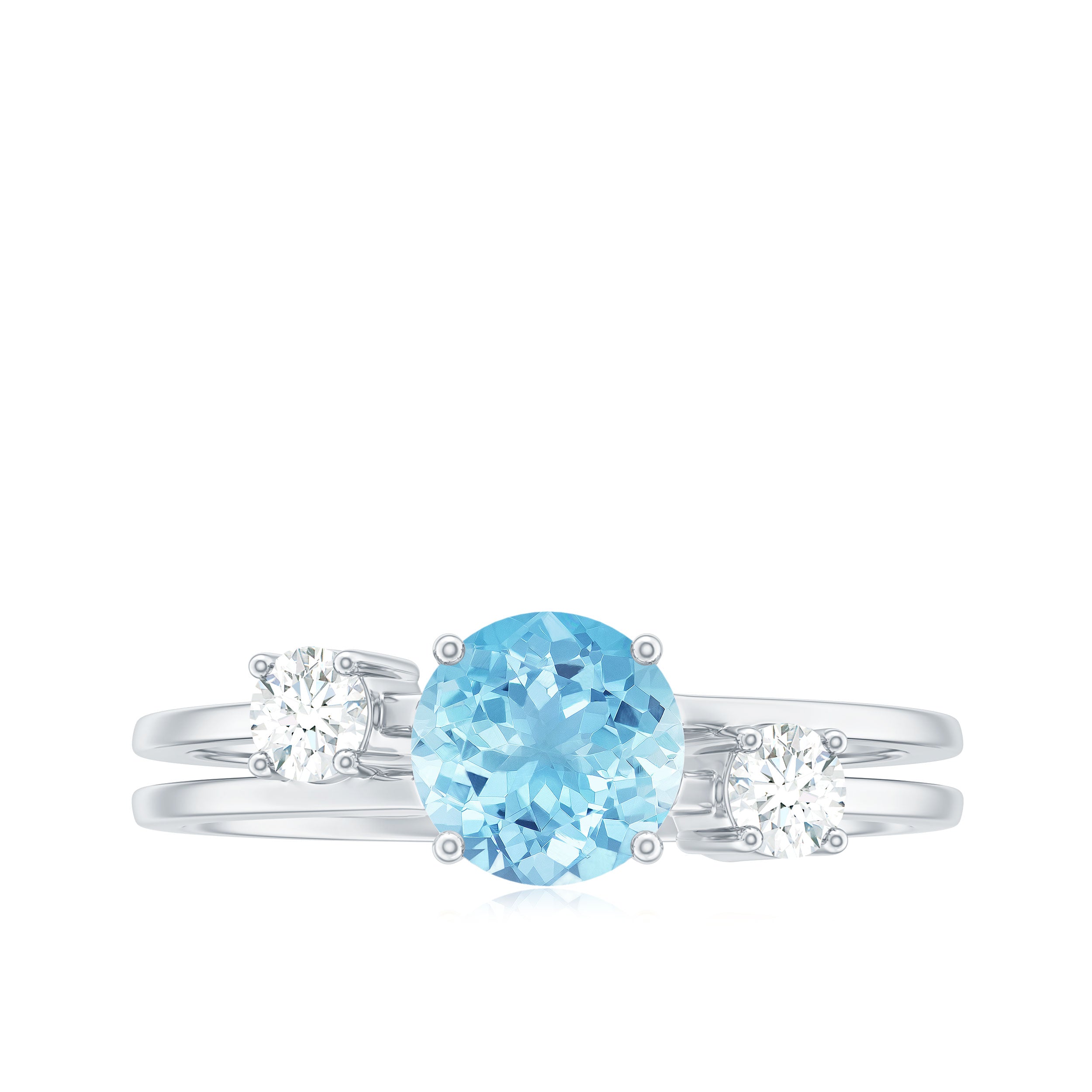 0.8 Carat Aquamarine and Diamond 3 Stone Engagement Ring with Double Band Shank AAA - Rosec Jewels