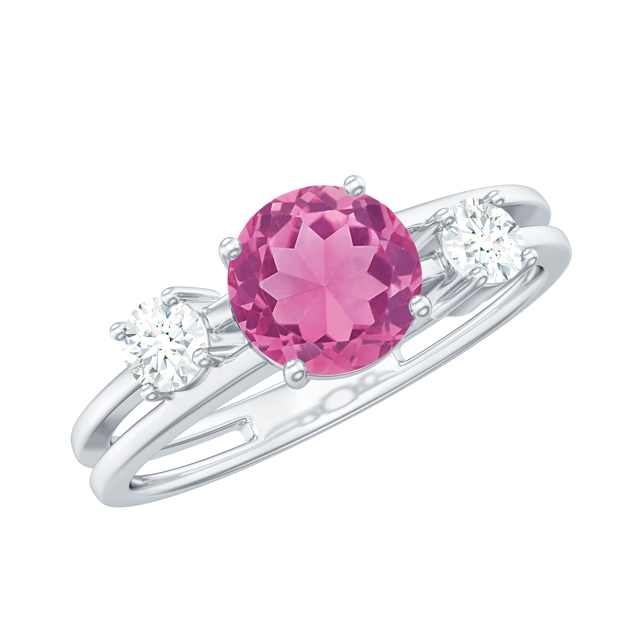 1 CT Genuine Pink Tourmaline Solitaire Double Band Ring with Diamond AAA - Rosec Jewels