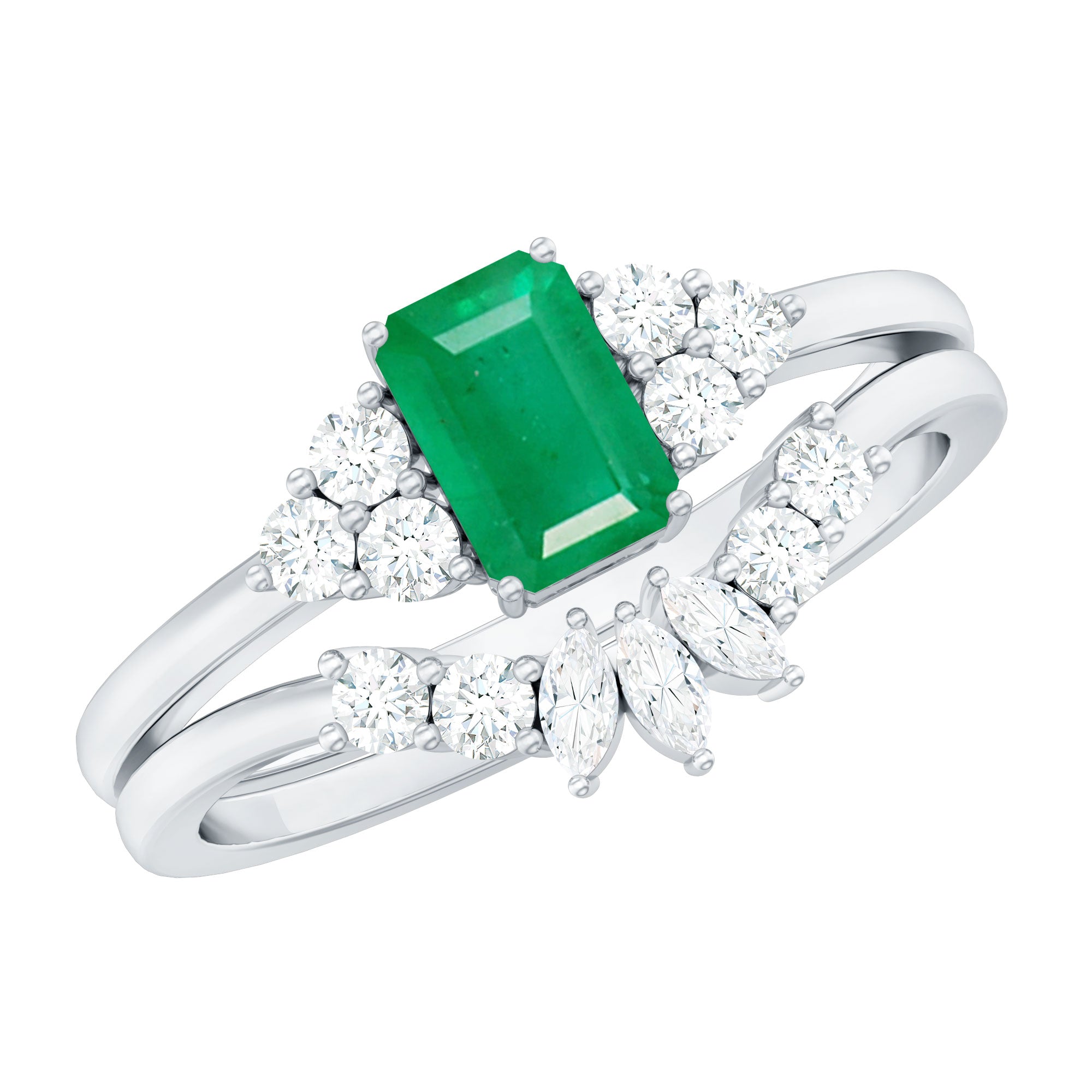 Certified Real Emerald Diamond Emerald Cut Engagement Ring and Wedding Band