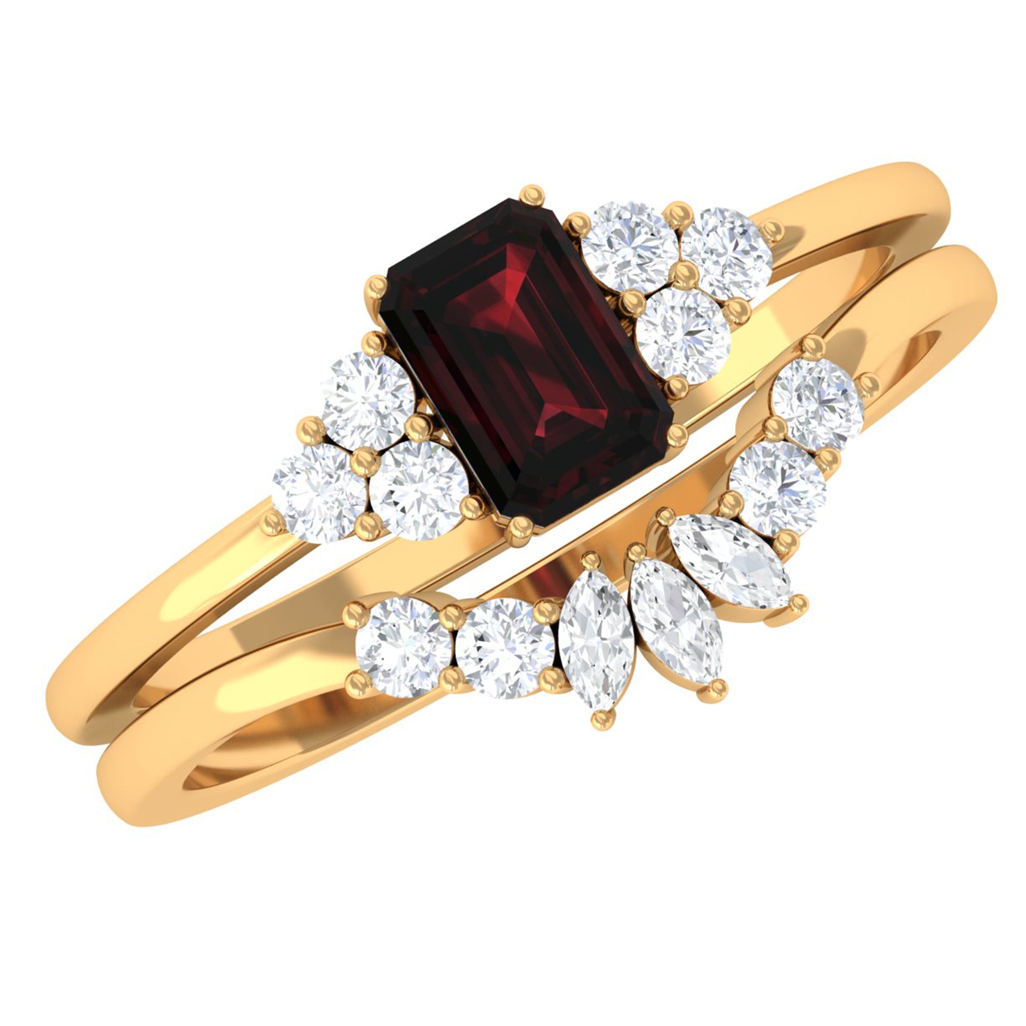 Genuine Garnet Diamond Emerald Cut Engagement Wedding Ring Set of 2 AAA - Rosec Jewels