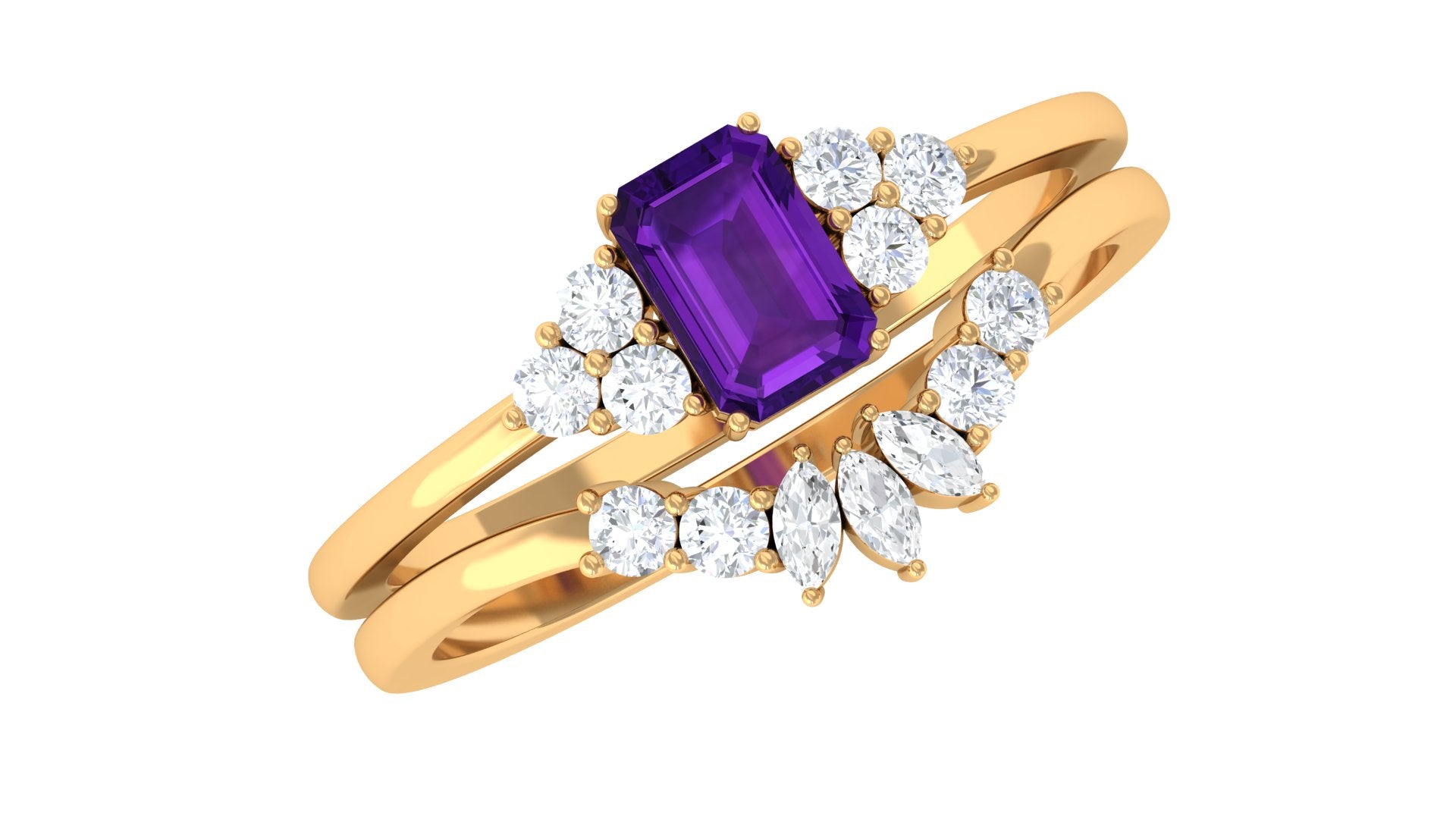 1.4 Carat Amethyst Emerald Cut Engagement Ring with Diamond Wedding Band AAA - Rosec Jewels