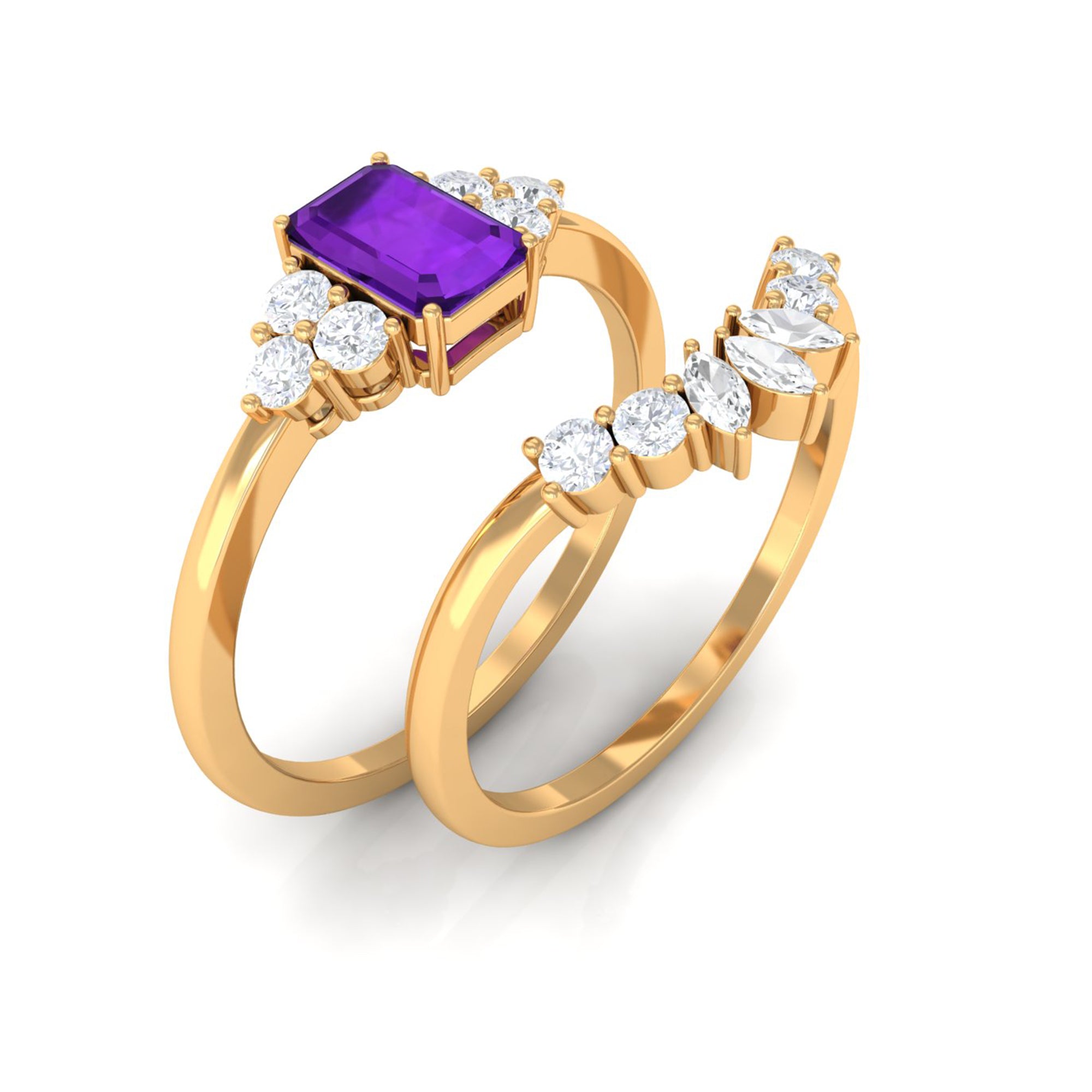 1.4 Carat Amethyst Emerald Cut Engagement Ring with Diamond Wedding Band AAA - Rosec Jewels