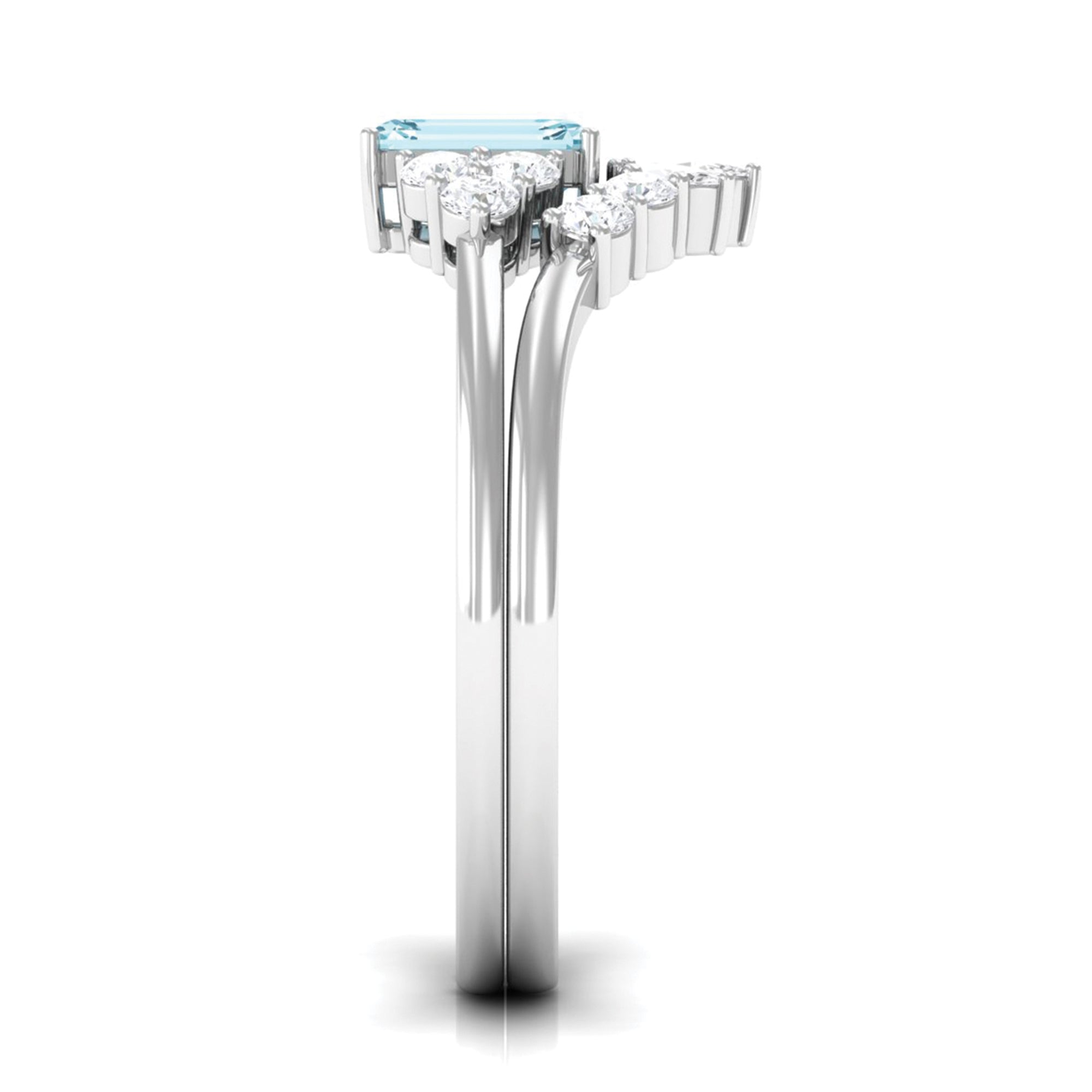 Natural Emerald Cut Aquamarine Marriage Ring Set with Diamond AAA - Rosec Jewels