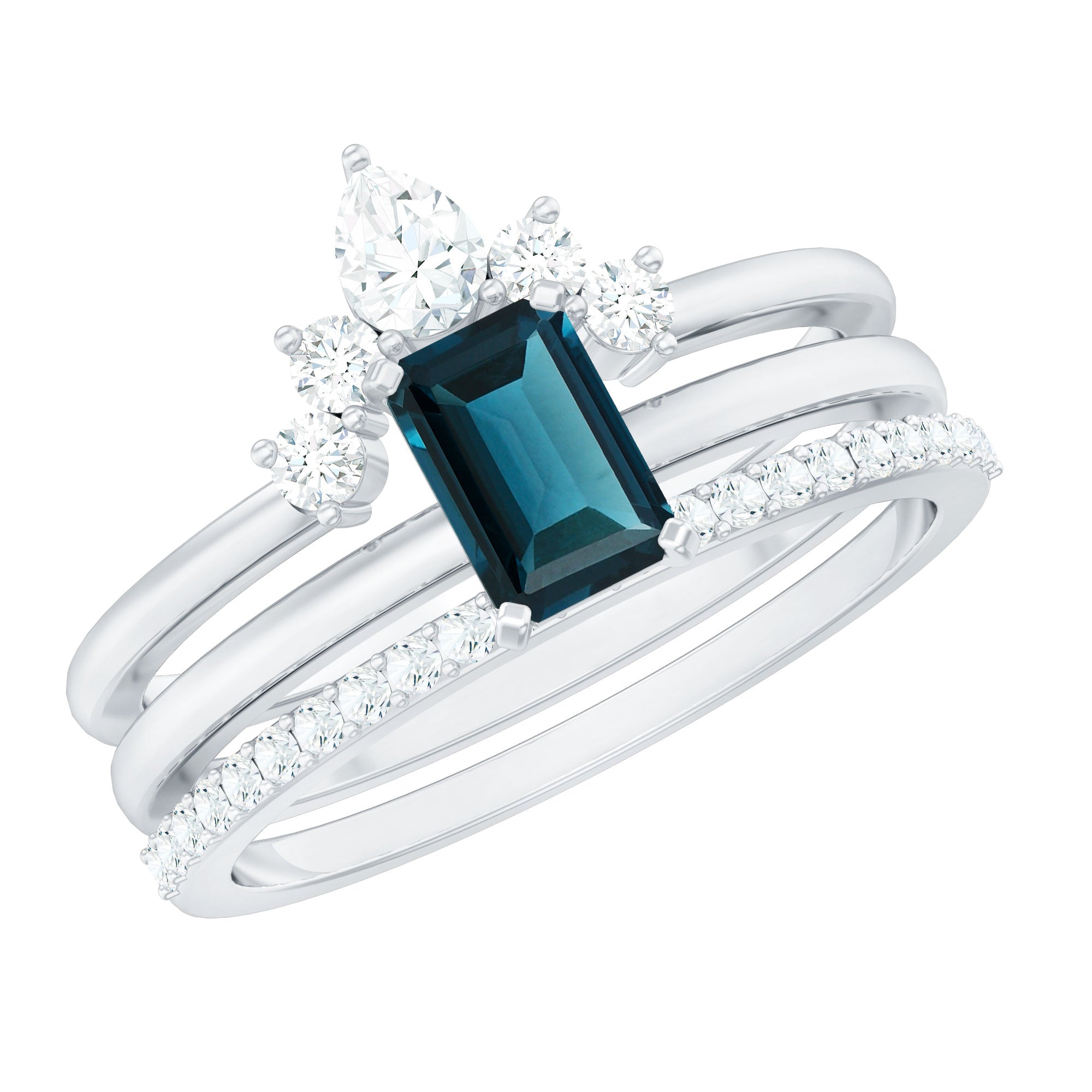 4X6mm Emerald Cut London Blue Topaz Solitaire Trio Ring Set with Diamond AAA - Rosec Jewels