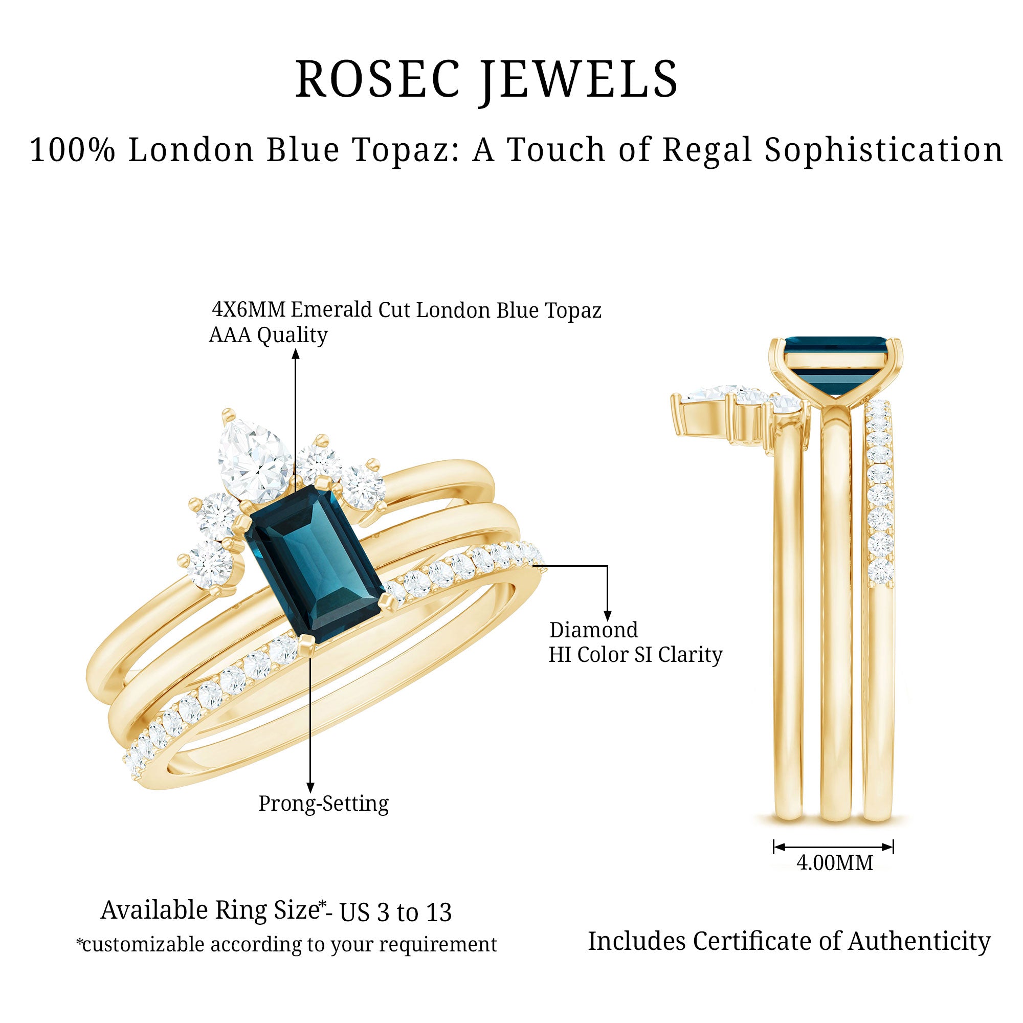 4X6mm Emerald Cut London Blue Topaz Solitaire Trio Ring Set with Diamond AAA - Rosec Jewels