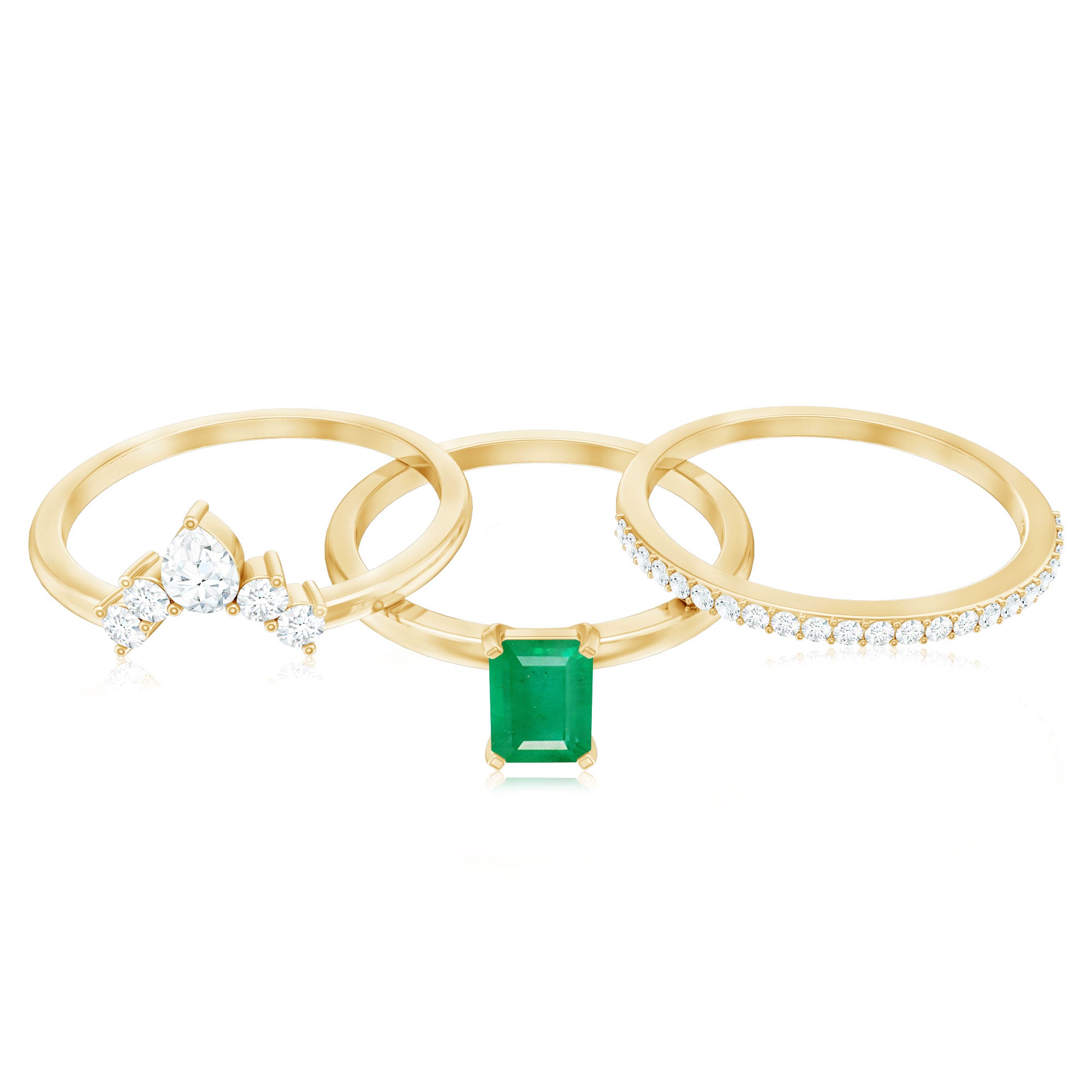 Natural Emerald Cut Emerald Diamond Bridal Ring Set of 3 AAA - Rosec Jewels