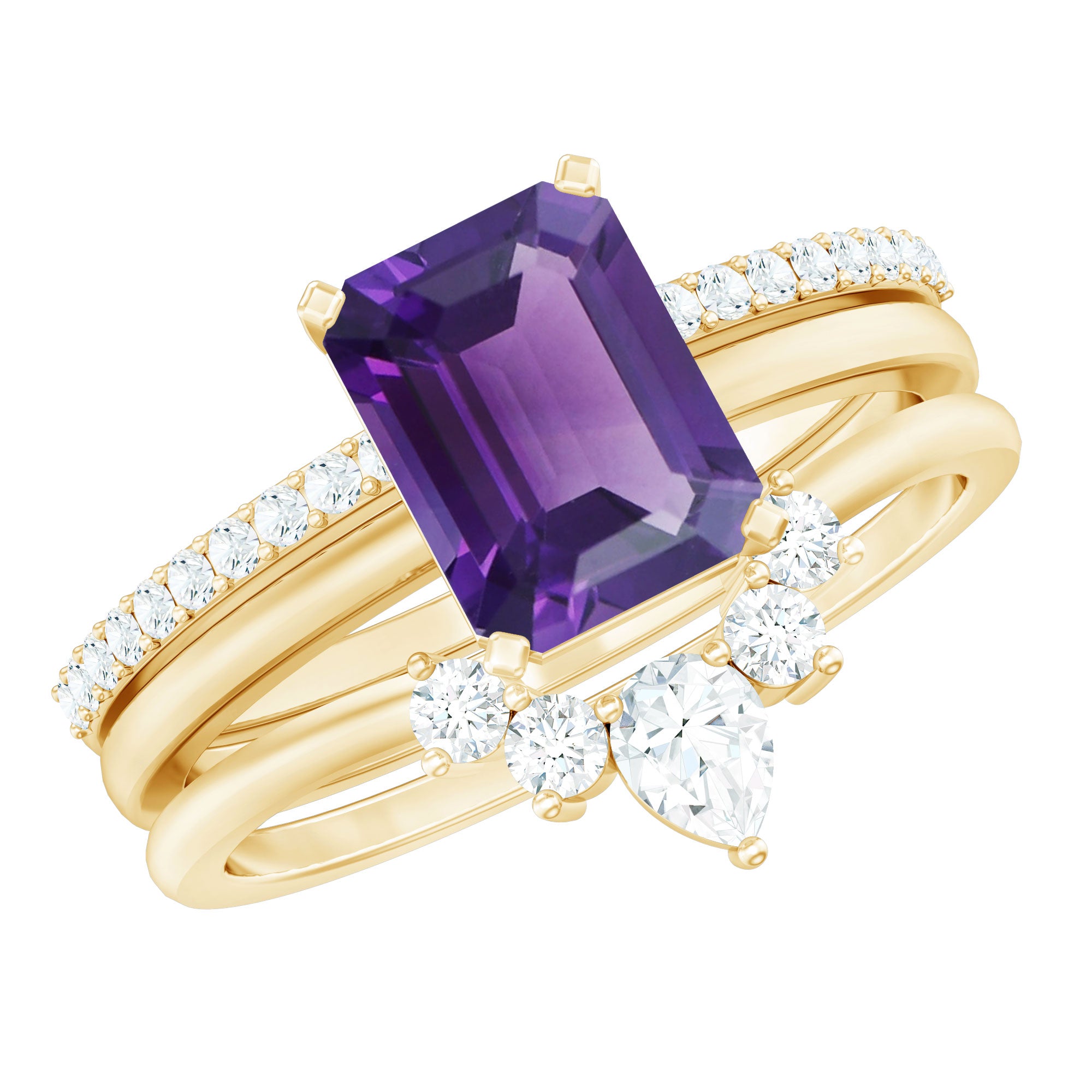 Natural 1.4 Carat Amethyst 3 Piece Bridal Ring Set with Diamond AAA - Rosec Jewels