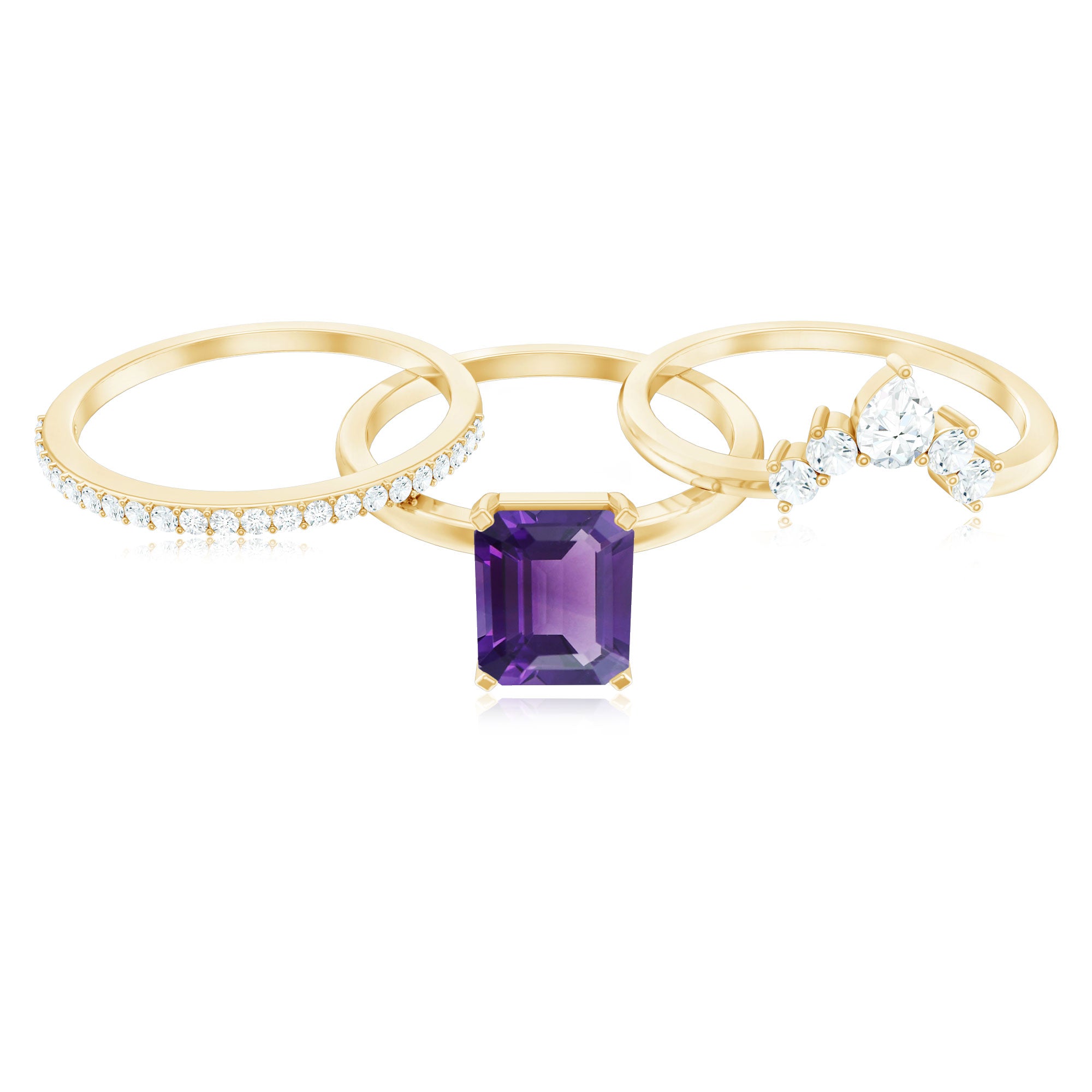 Natural 1.4 Carat Amethyst 3 Piece Bridal Ring Set with Diamond AAA - Rosec Jewels