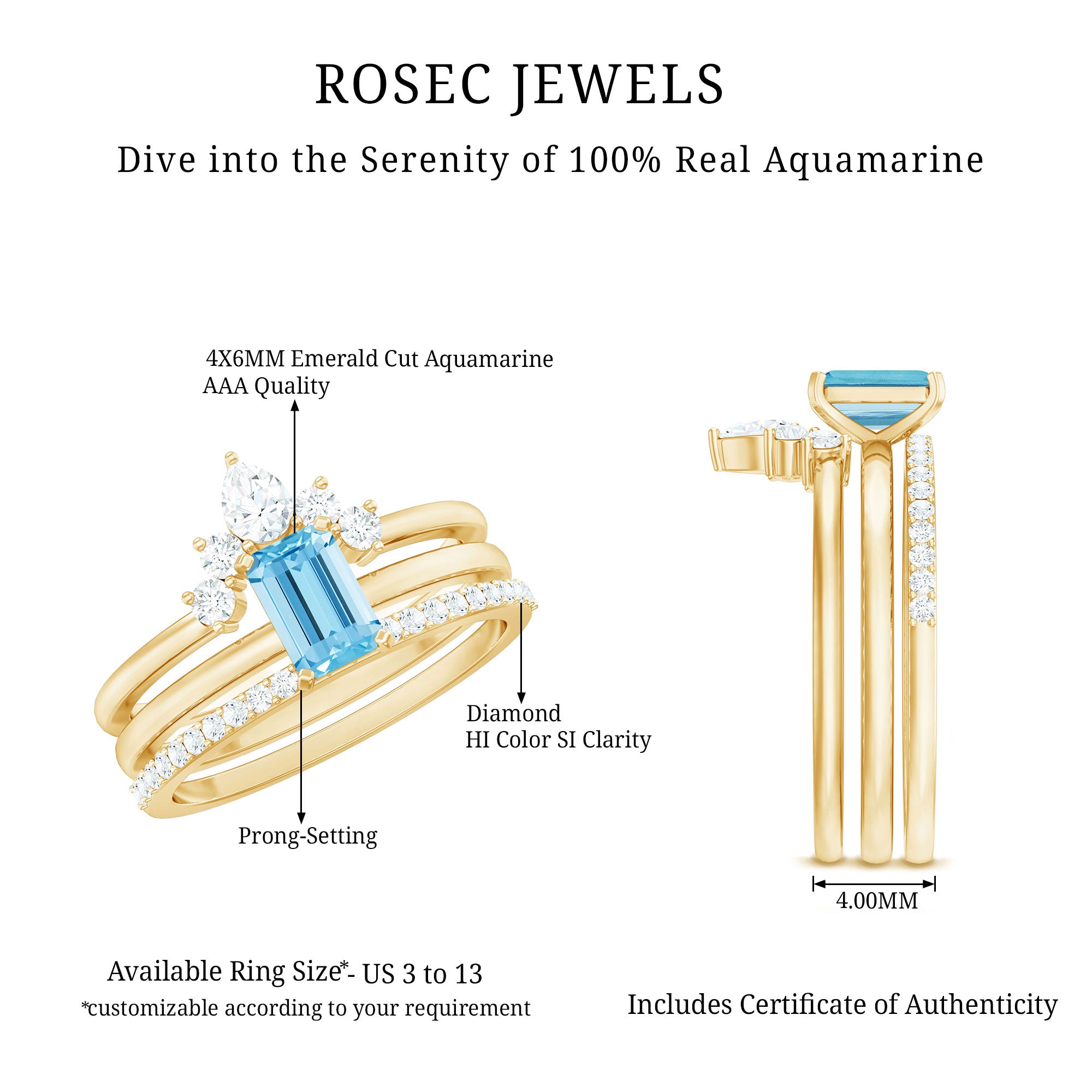 Emerald Cut Aquamarine Solitaire Ring Set of 3 with Diamond AAA - Rosec Jewels