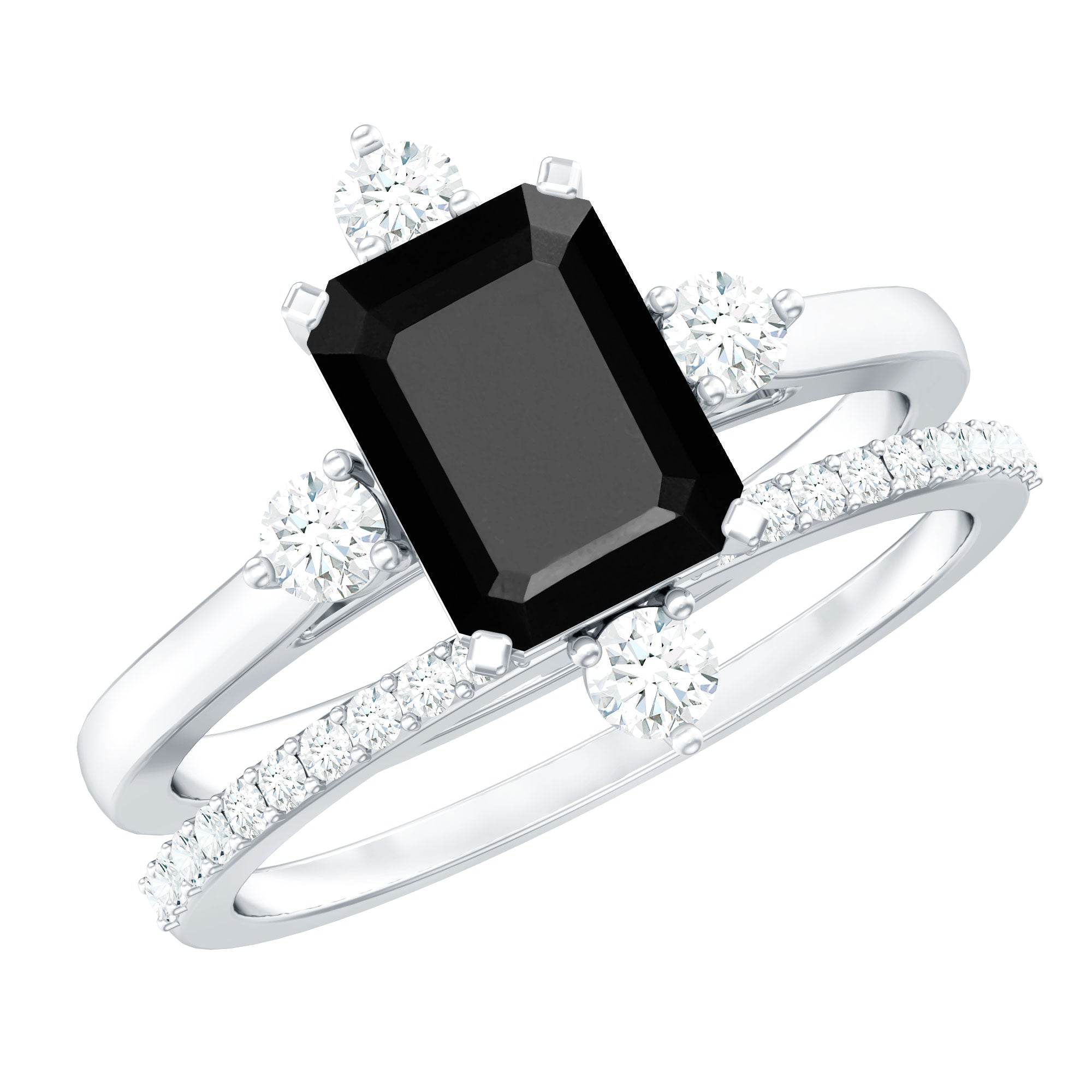 Certified 2 Carat Emerald Cut Lab Grown Black and White Diamond Engagement Ring with Enhancer AAAA ( Synthetic ) - Rosec Jewels