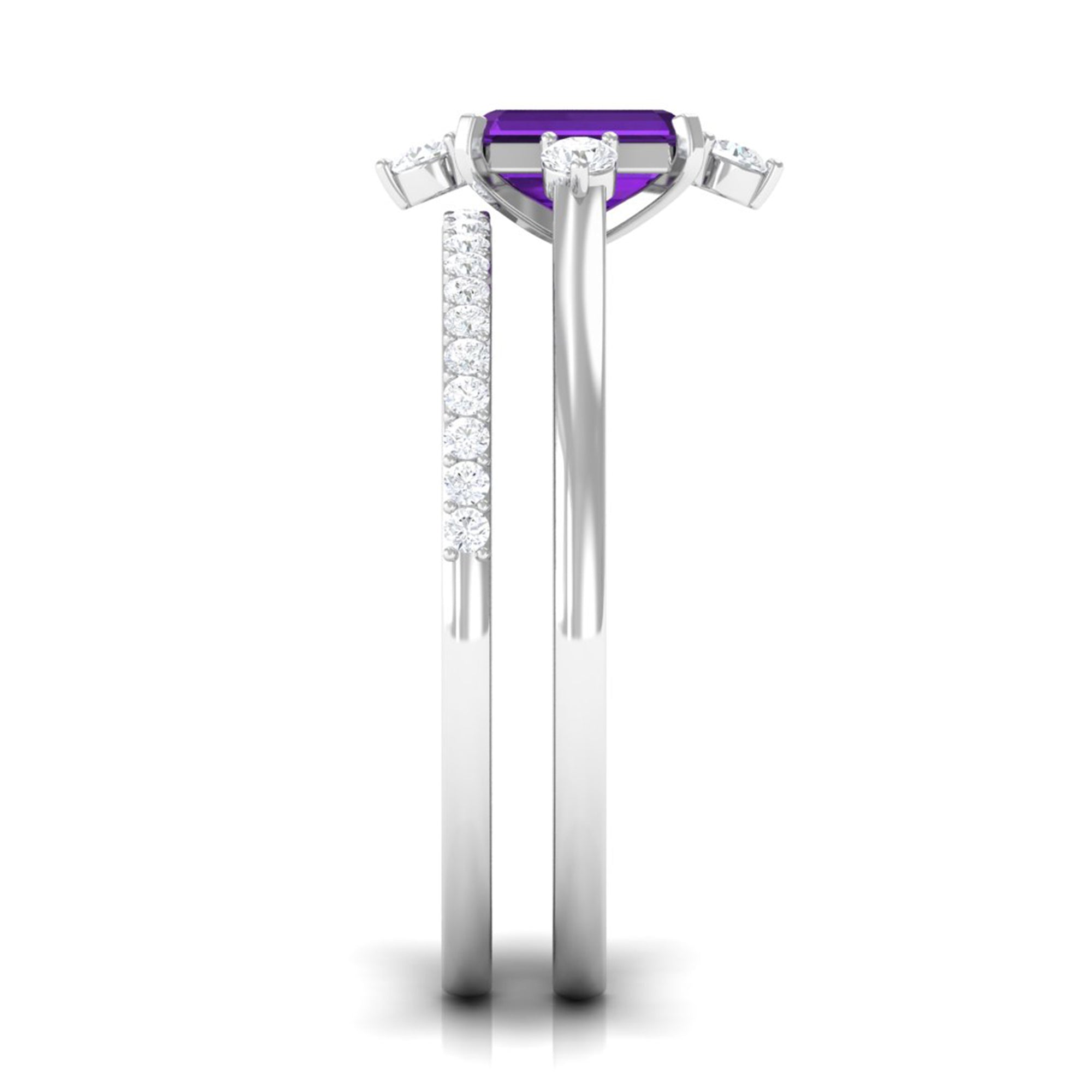 Real 1.4 Carat Amethyst Emerald Cut Engagement Wedding Ring Set with Diamond AAA - Rosec Jewels