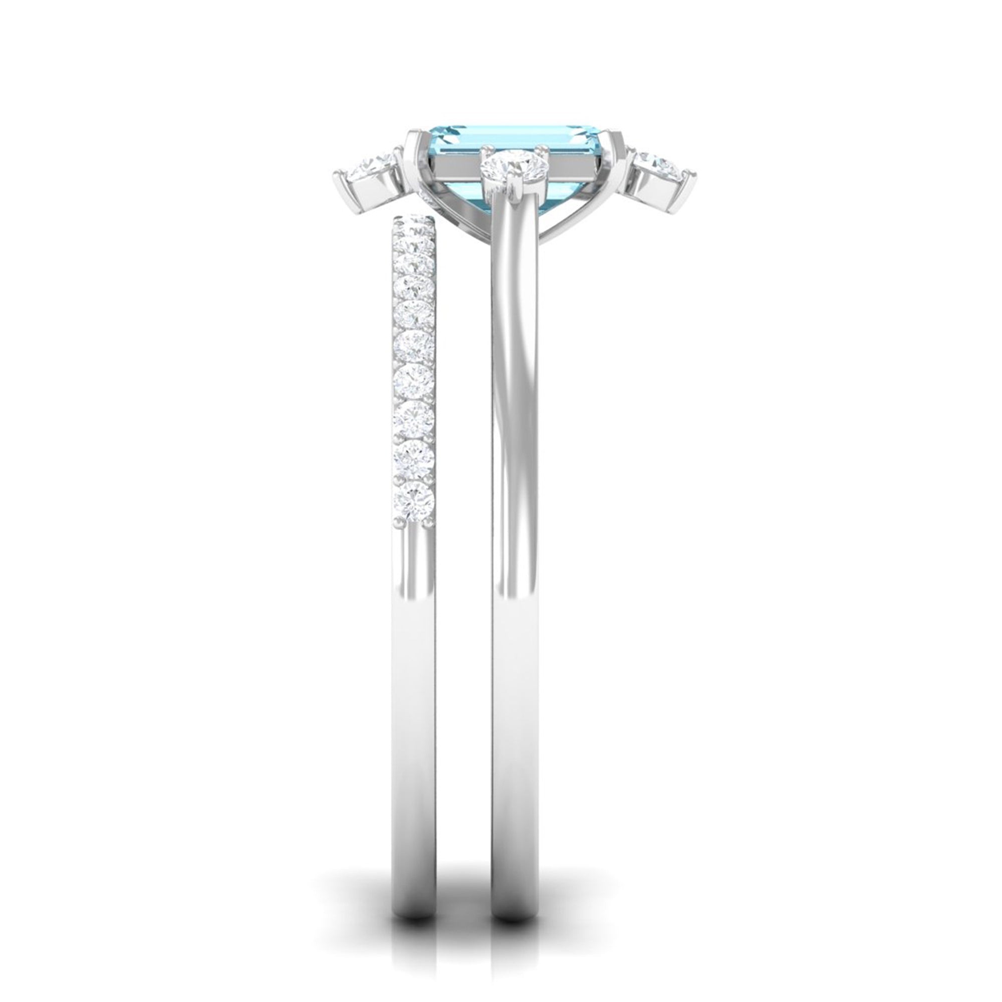 Emerald Cut Genuine Aquamarine and Diamond Designer Engagement Ring Set AAA - Rosec Jewels