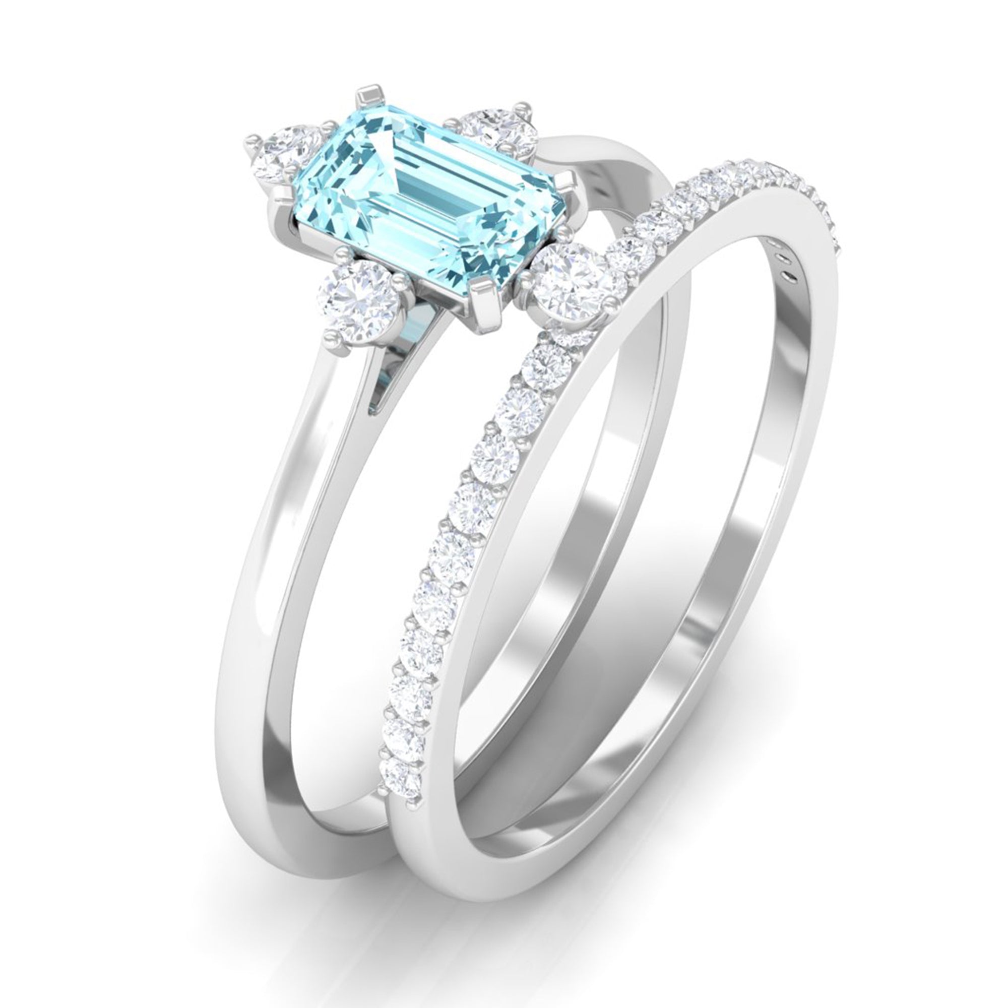 Emerald Cut Genuine Aquamarine and Diamond Designer Engagement Ring Set AAA - Rosec Jewels