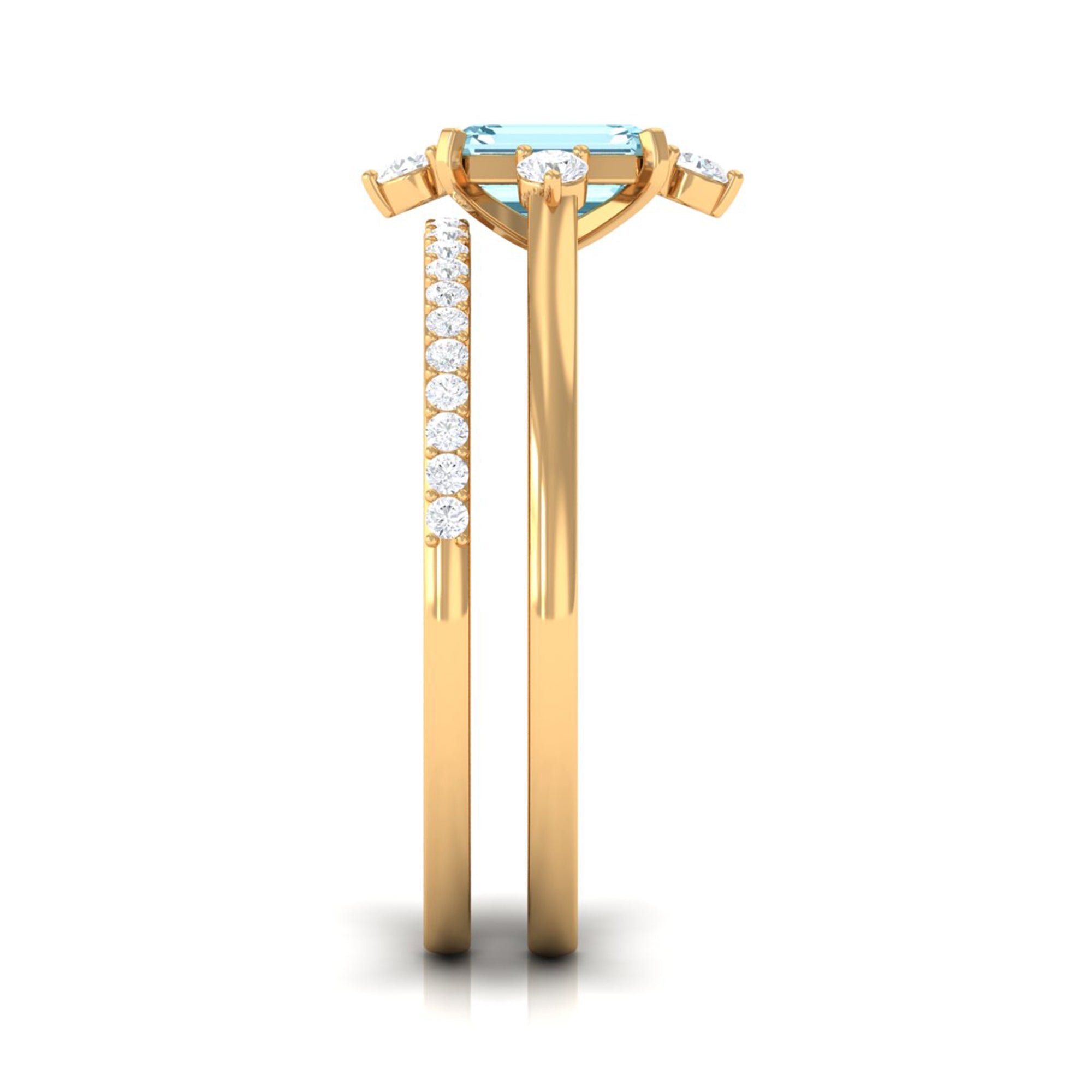 Emerald Cut Genuine Aquamarine and Diamond Designer Engagement Ring Set AAA - Rosec Jewels