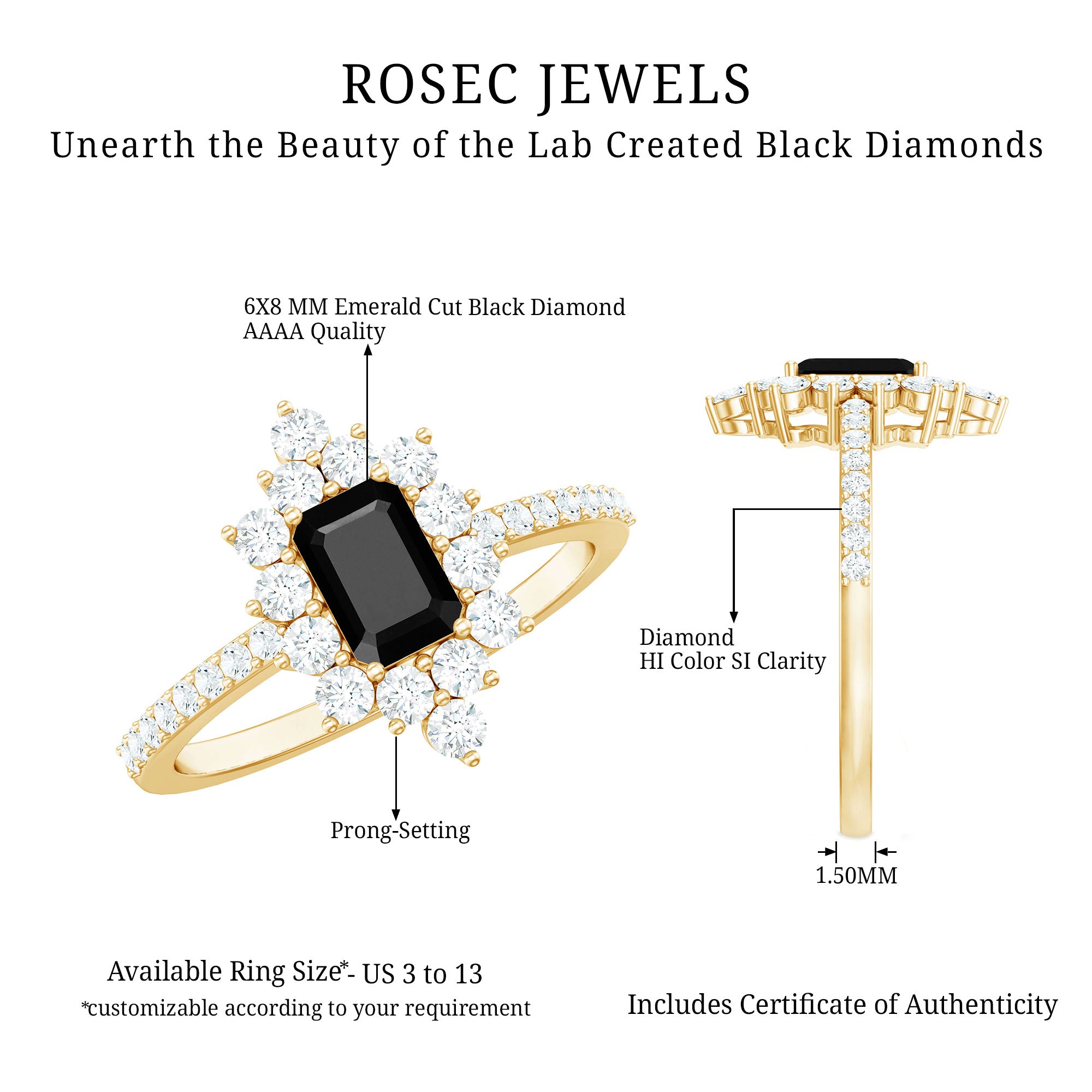 Vintage Style 1.6 Carat Lab Grown Black and White Diamond Emerald Cut Engagement Ring AAAA ( Synthetic ) - Rosec Jewels