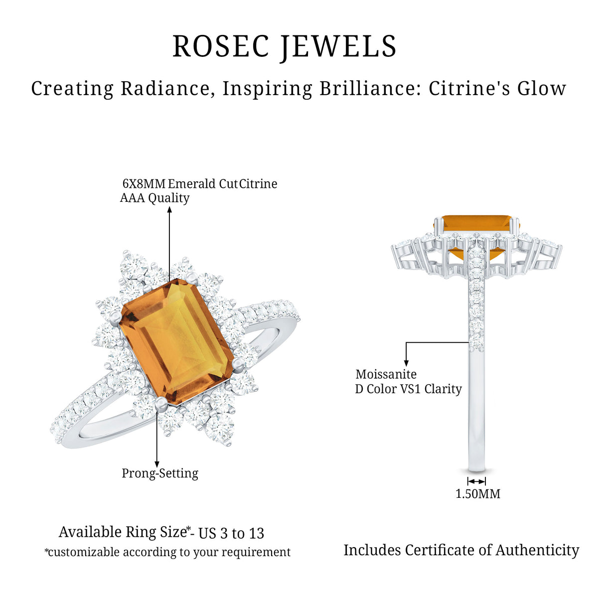 Vintage Looking Citrine Emerald Cut Engagement Ring with Halo AAA - Rosec Jewels