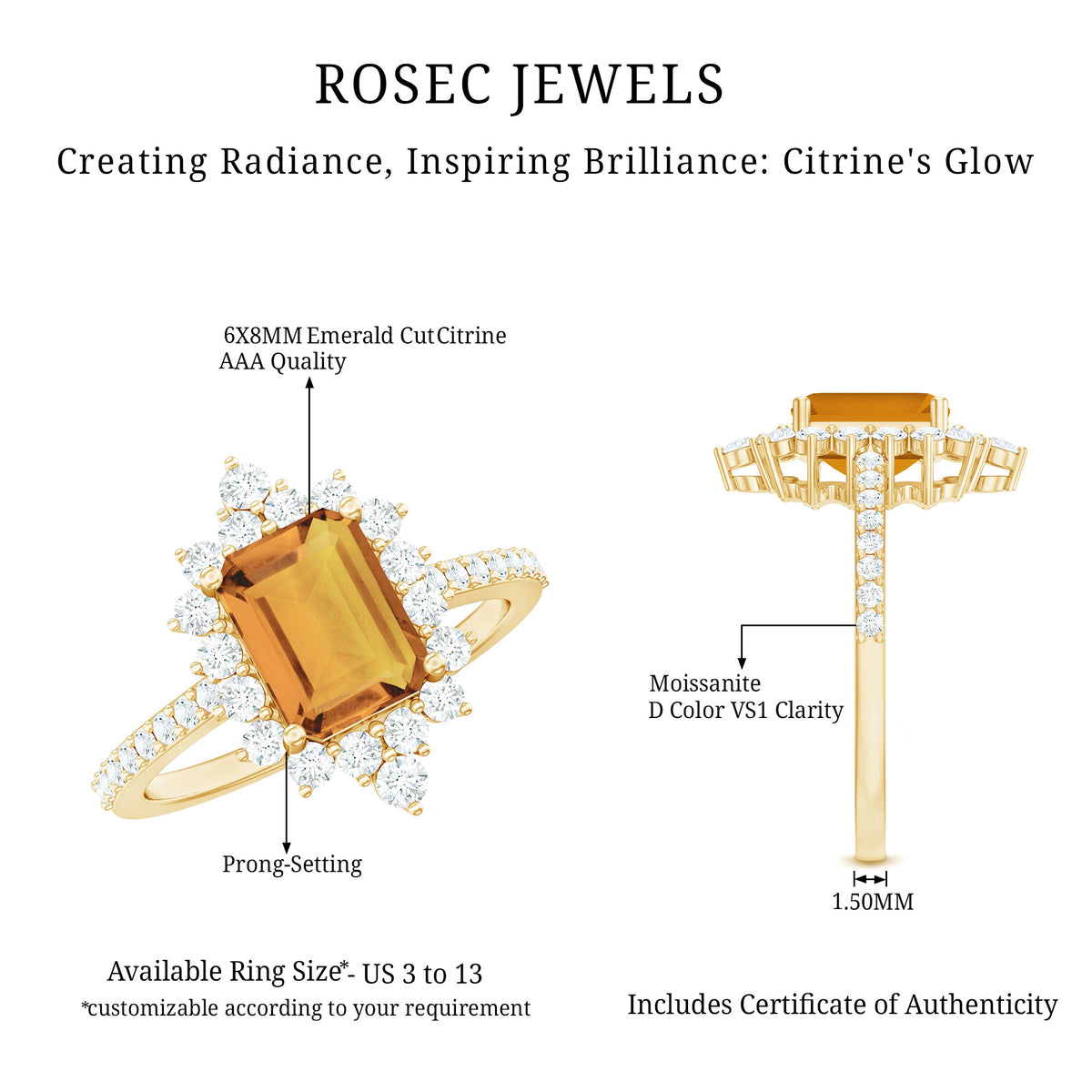 Vintage Looking Citrine Emerald Cut Engagement Ring with Halo AAA - Rosec Jewels