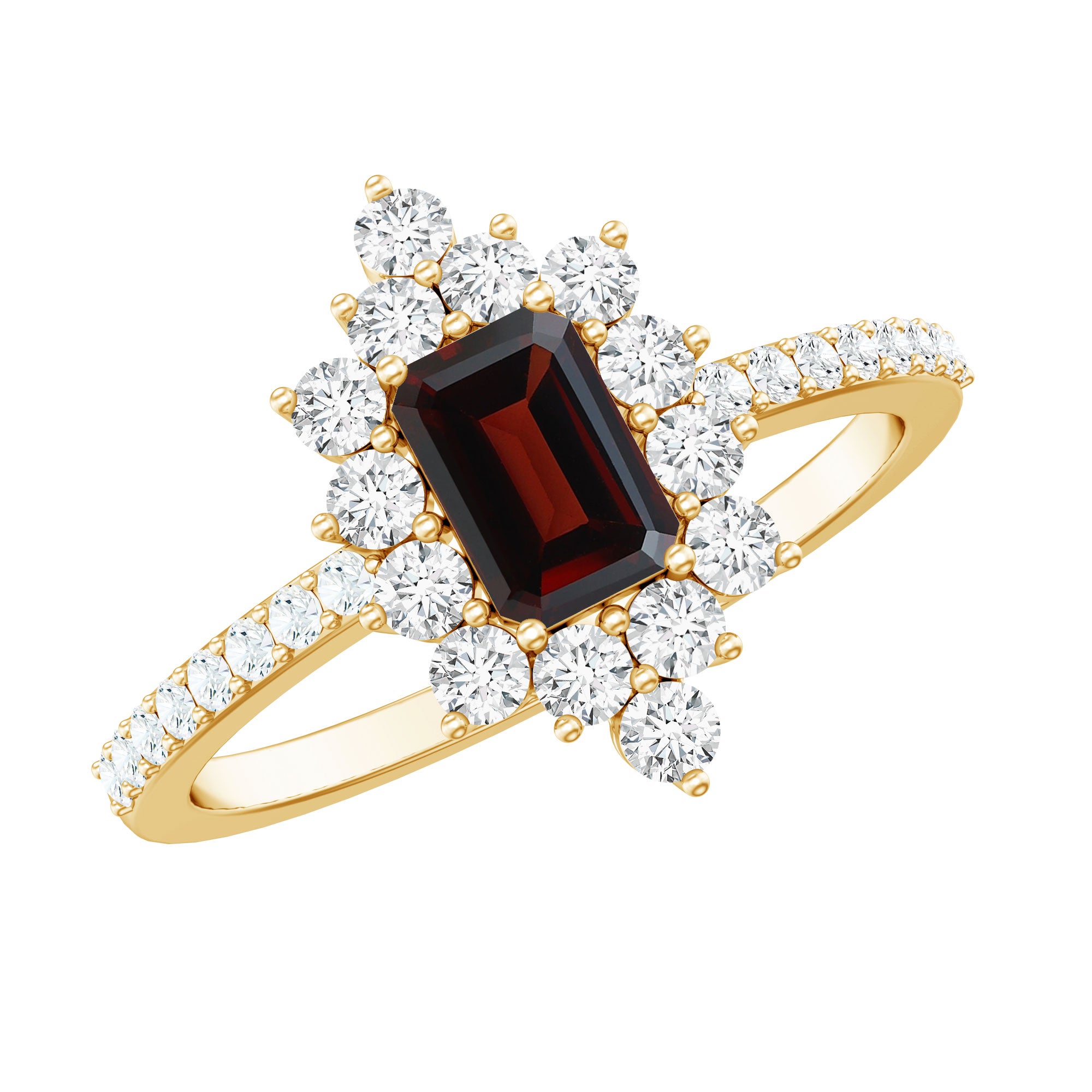 Vintage Inspired Garnet Emerald Cut Engagement Ring with Diamond Halo AAA - Rosec Jewels
