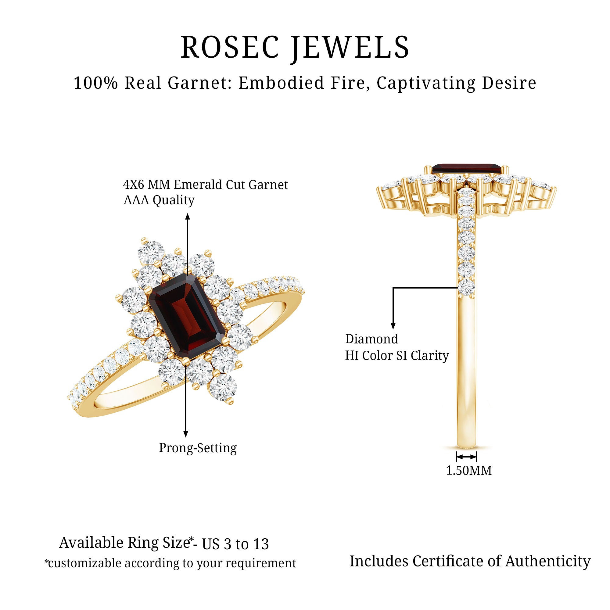 Vintage Inspired Garnet Emerald Cut Engagement Ring with Diamond Halo AAA - Rosec Jewels