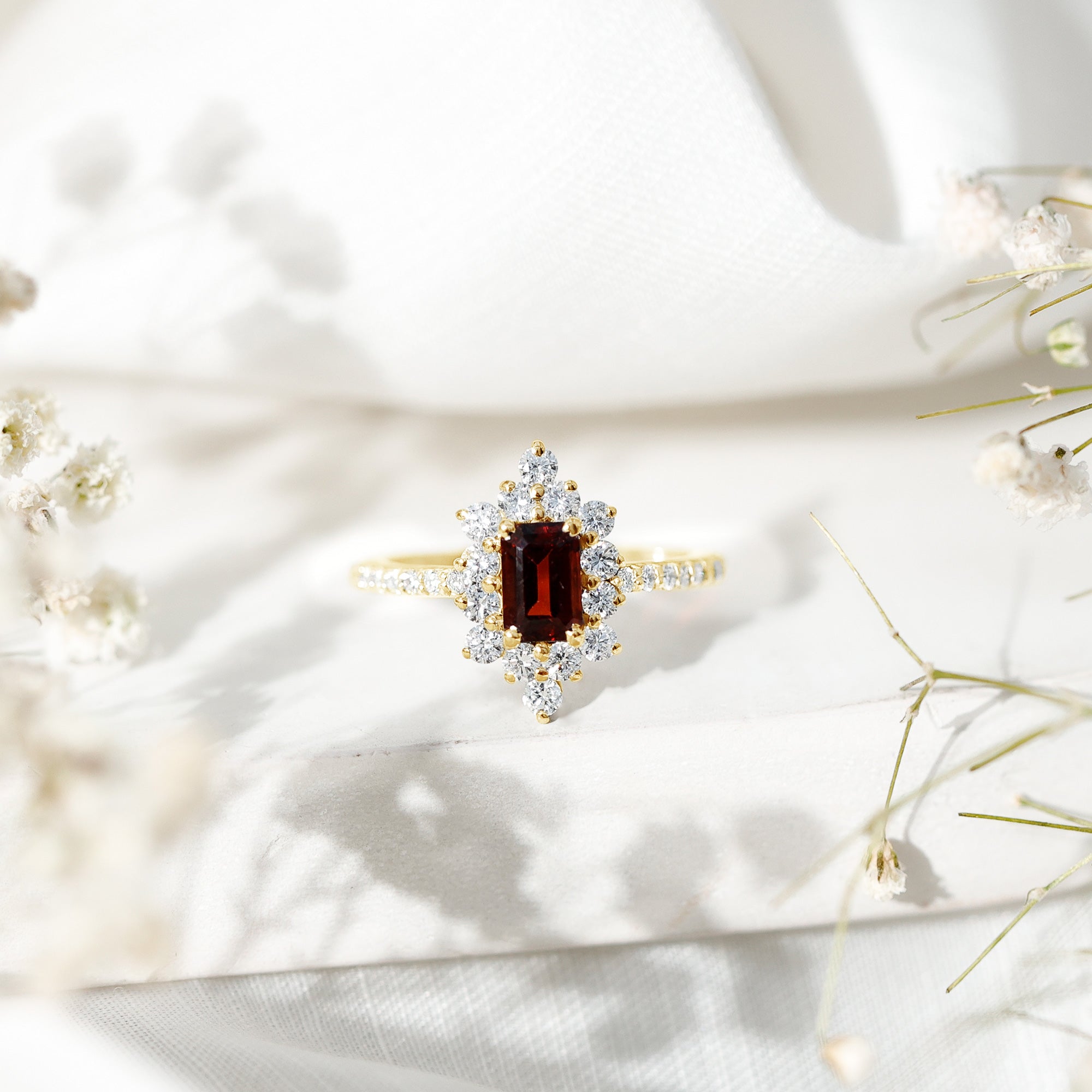 Vintage Inspired Garnet Emerald Cut Engagement Ring with Diamond Halo AAA - Rosec Jewels