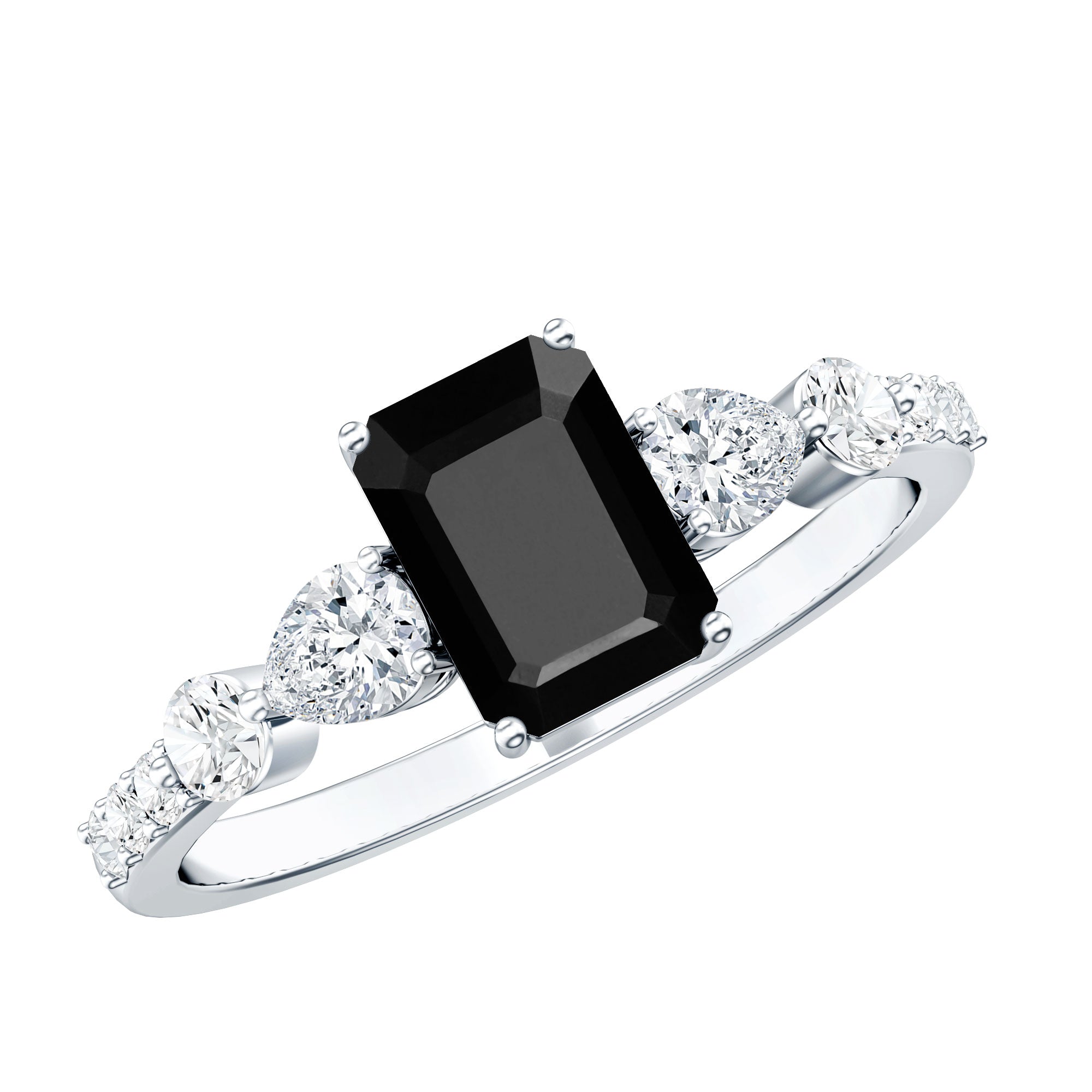 Certified 1.6 Carat Lab Grown Black Diamond Emerald Cut Engagement Ring with Side Stones AAAA ( Synthetic ) - Rosec Jewels