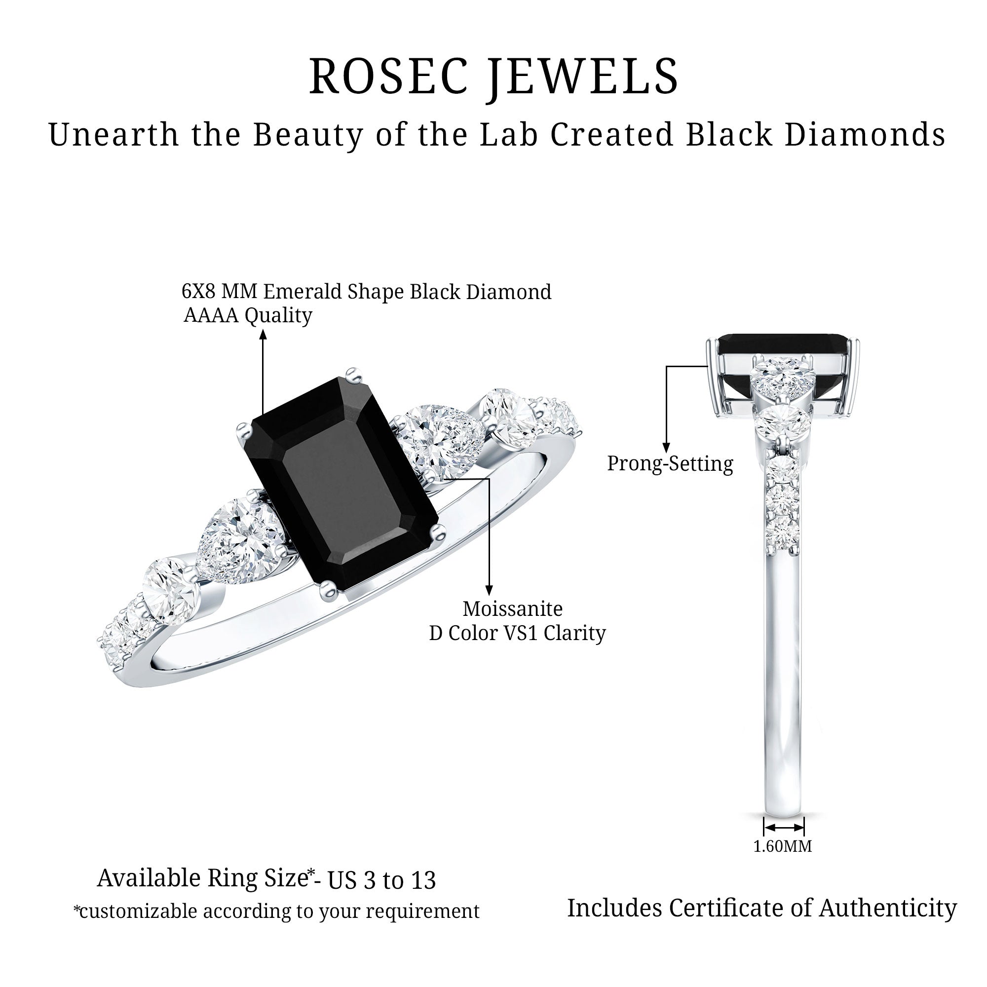 Certified 1.6 Carat Lab Grown Black Diamond Emerald Cut Engagement Ring with Side Stones AAAA ( Synthetic ) - Rosec Jewels