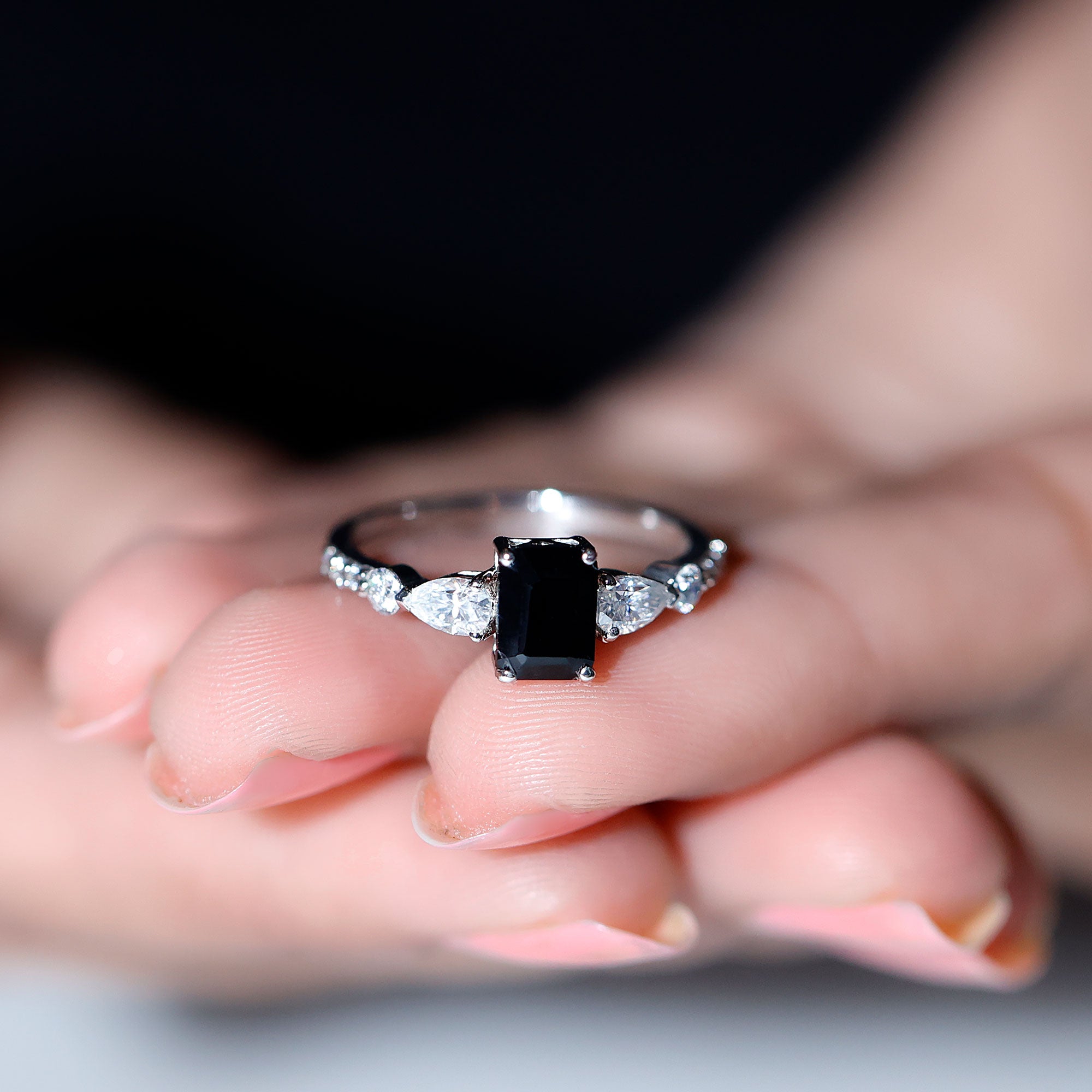Certified 1.6 Carat Lab Grown Black Diamond Emerald Cut Engagement Ring with Side Stones AAAA ( Synthetic ) - Rosec Jewels