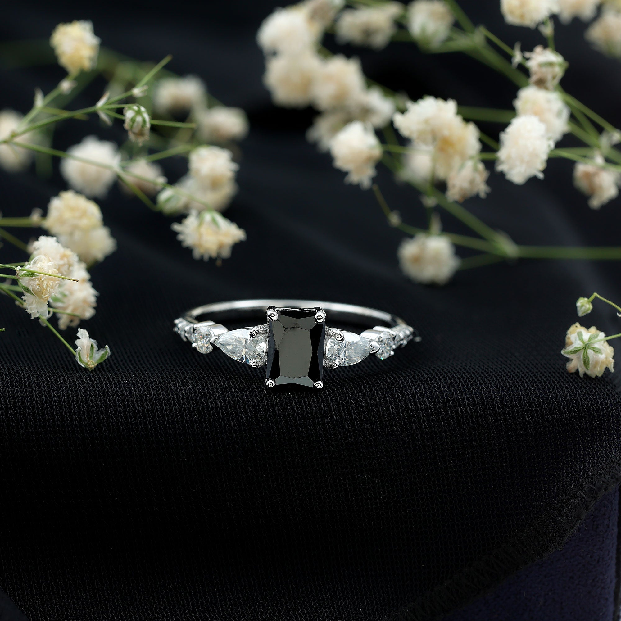 Certified 1.6 Carat Lab Grown Black Diamond Emerald Cut Engagement Ring with Side Stones AAAA ( Synthetic ) - Rosec Jewels